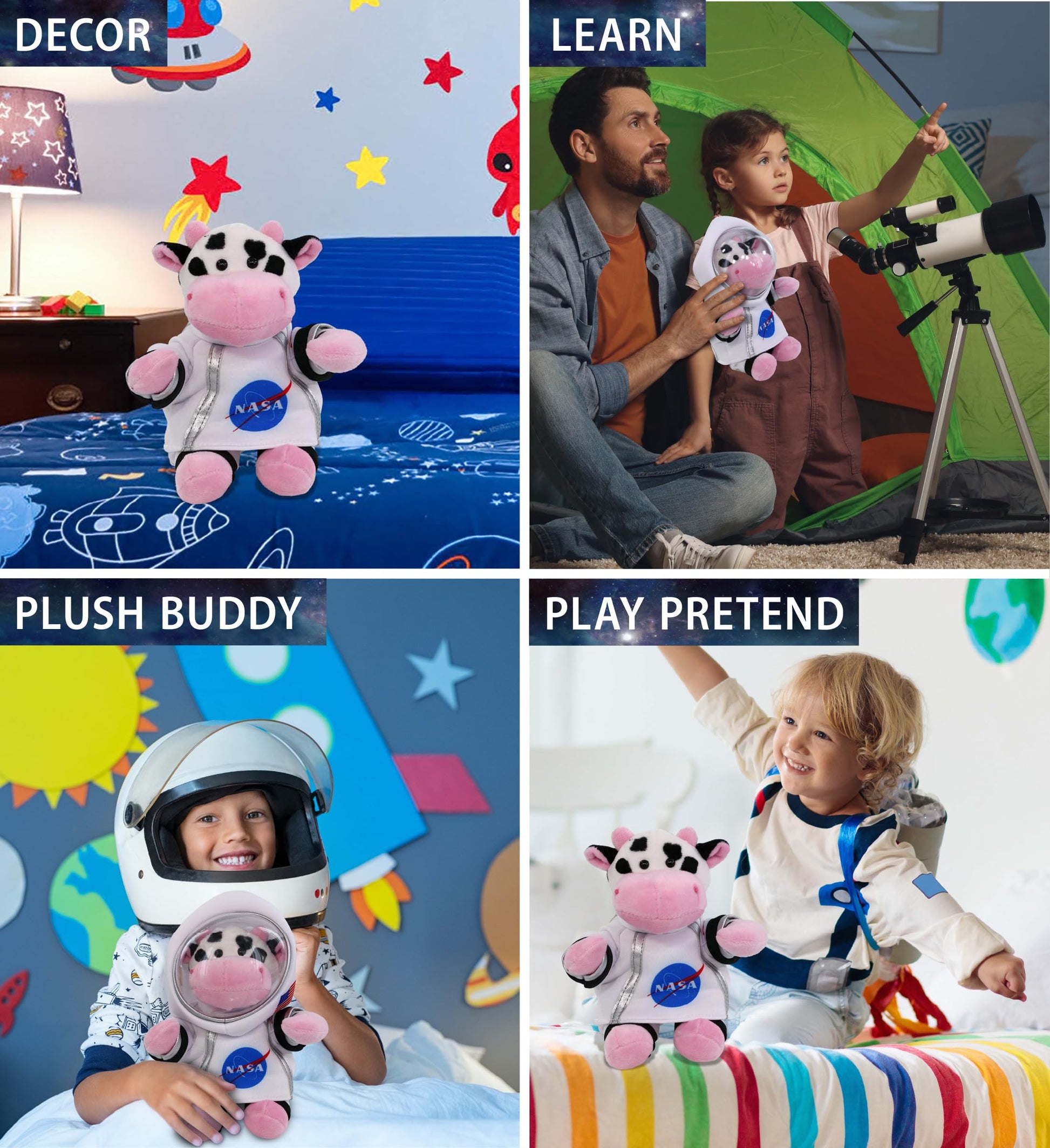 DolliBu Cow Astronaut Plush Toy - Farm Life Astronaut Stuffed Animal with Space Helmet and NASA Astronaut Suit, Spaceman Doll Decor for Girls and Boys