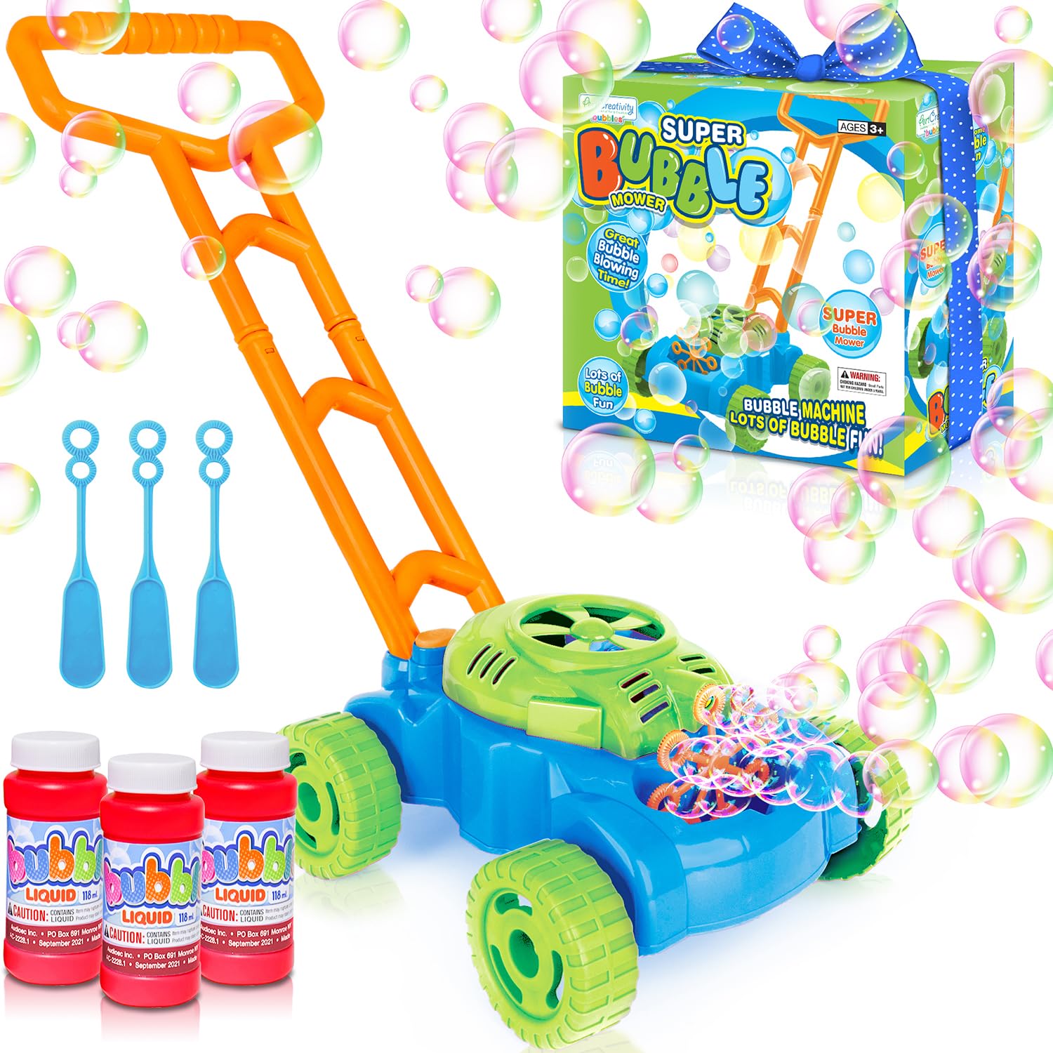 ArtCreativity Bubble Lawn Mower for Toddlers 1-3, Kids Bubble Machine for 1 Year Old Boy Gifts, Bubbles Blowing Push Toys for Kids, Summer Outdoor
