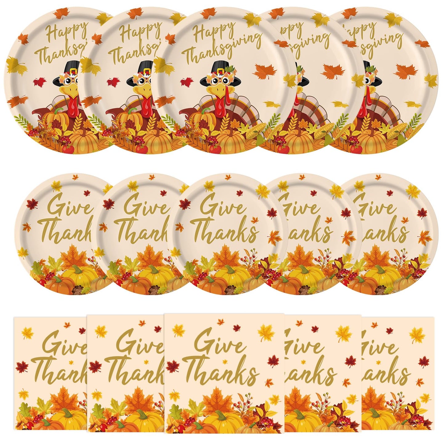 150 Pcs Thanksgiving Plates and Napkins Sets - Happy Thanksgiving Round Tableware, Disposable Fall Turkey Give Thanks Paper Dinner Dessert Plates