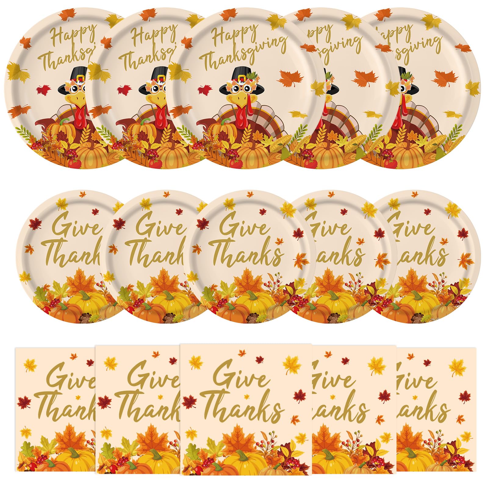 150 Pcs Thanksgiving Plates and Napkins Sets - Happy Thanksgiving Round Tableware, Disposable Fall Turkey Give Thanks Paper Dinner Dessert Plates