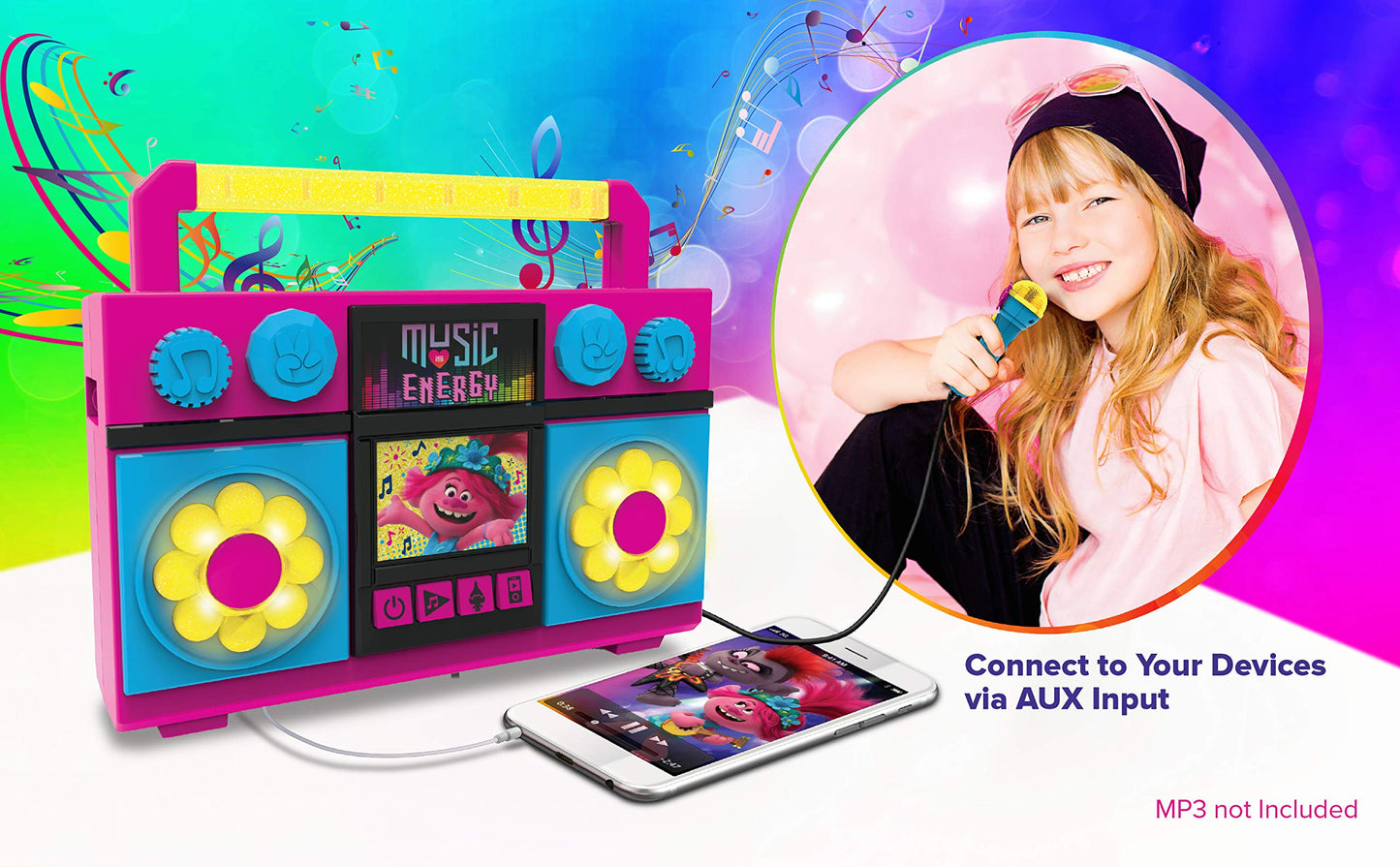 ekids Trolls World Tour Sing Along Boom Box Speaker with Microphone for Fans of Trolls Toys for Girls, Kids Karaoke Machine with Built in Music and