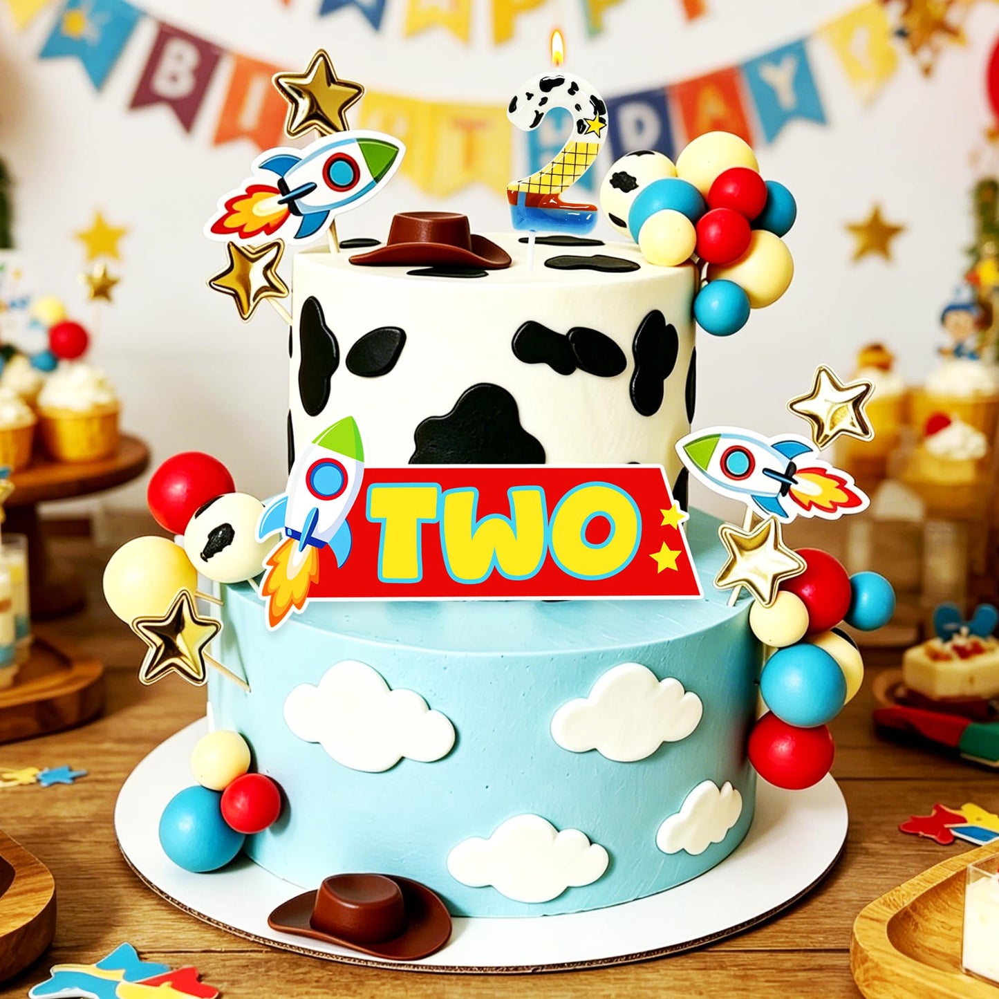 Cartoon Story Cake Toppers with 2nd Birthday Candle