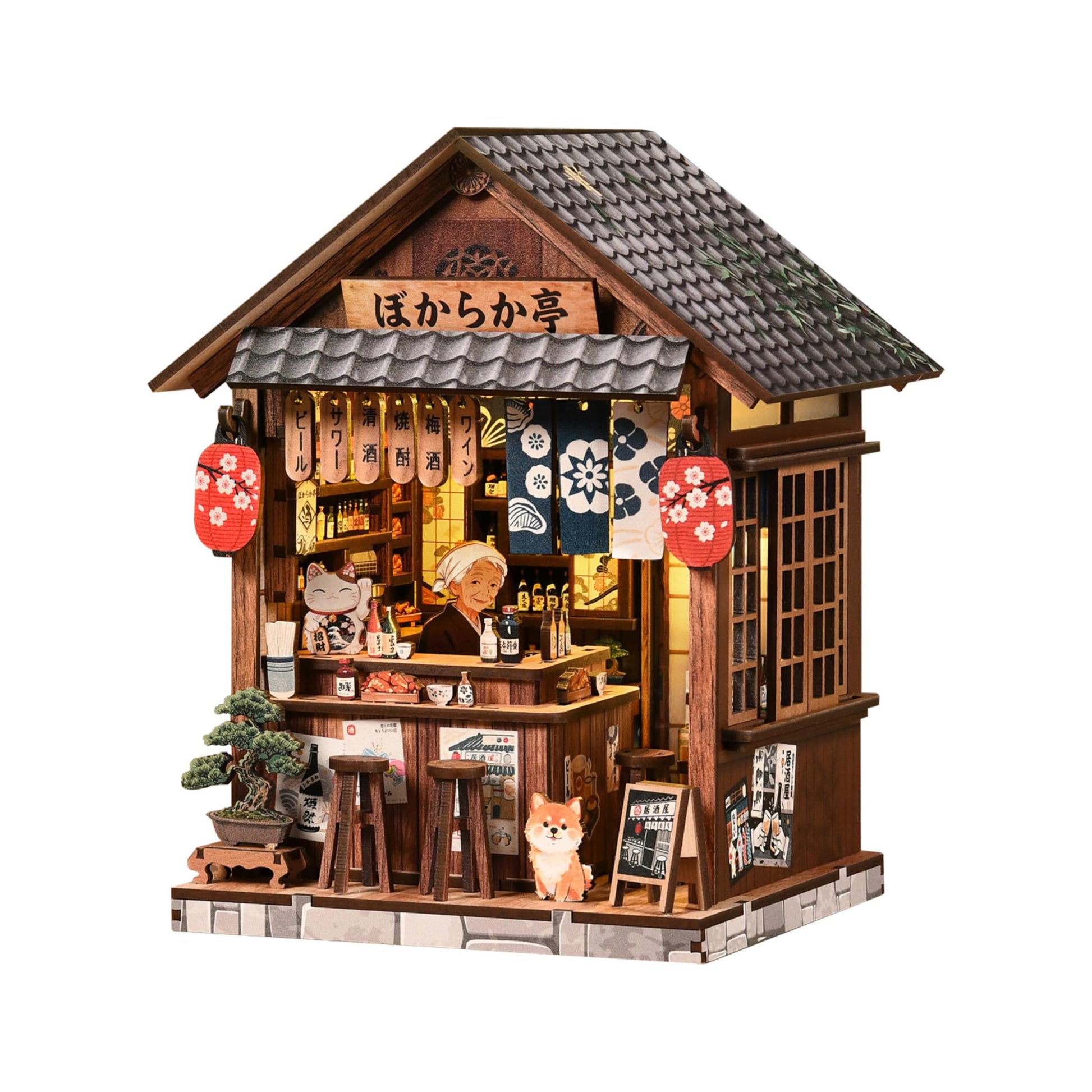 DIY Book Nook Kit for Adults, The Mellow Pub Miniature House Kit, 3D Wooden Puzzle with Touch LED Light, Japanese Style Bookshelf Insert Decor