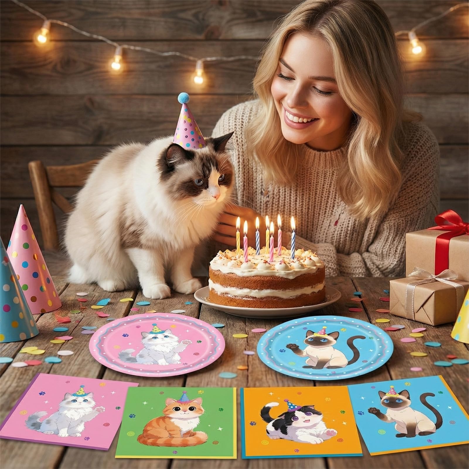 Funnio lucu 40Pcs Cat Birthday Decorations Tableware Set,Cute Kitten Theme Party Supplies Birthday Plates and Napkins Disposable Table Decor for Baby