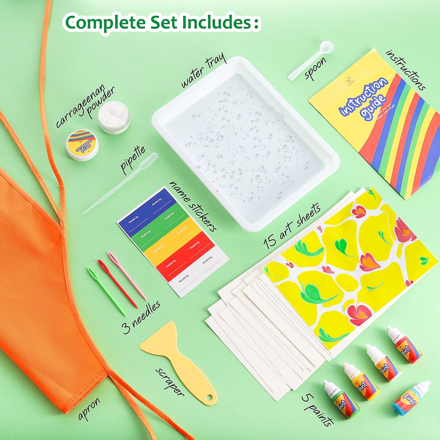 CraftBud Marbling Paint Kit for Kids with 10 Paint Colors, Water Art Paint Sets, Guide Books, 2 Aprons, 2 Sheets of Stickers, 2 Mixing Spoons, 2 Water