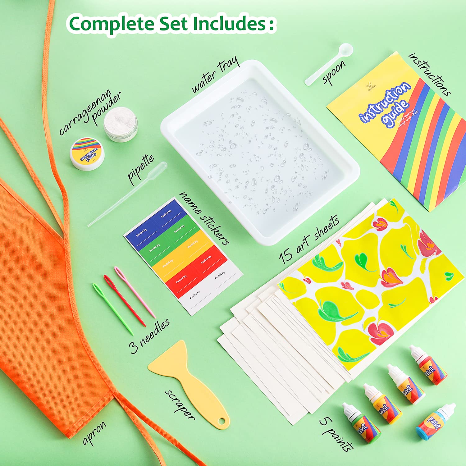CraftBud Marbling Paint Kit for Kids with 10 Paint Colors, Water Art Paint Sets, Guide Books, 2 Aprons, 2 Sheets of Stickers, 2 Mixing Spoons, 2 Water