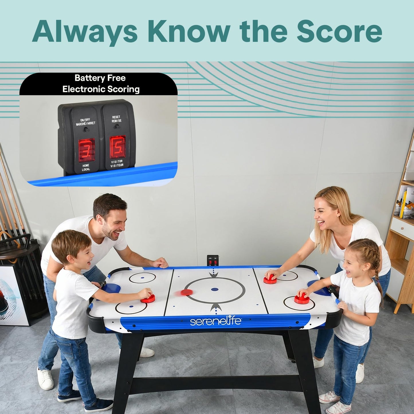 SereneLife 58in Powered Air Hockey Table Upgraded 700mA 12v 2X Powerful Motor, 4 Player 4 Pucks 2 Pushers, Full-Size Arcade Style, Inline Power Switch