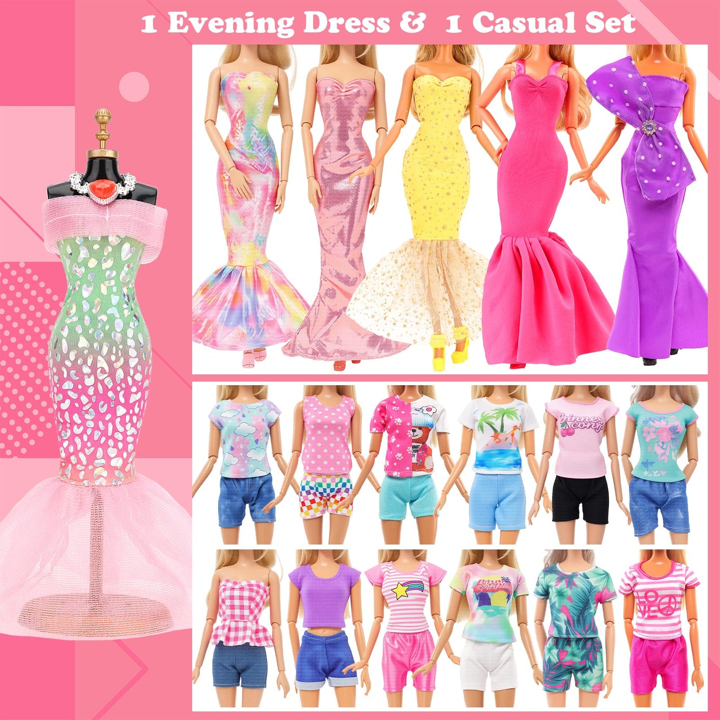 BARWA 116 Pack Doll Clothes and Accessories 5 Wedding Gown Dresses 9 Fashion Dresses Slip Dress 3 Tops 3 Pants 2 Swimsuits Bikini 16 Shoes 15 Hangers