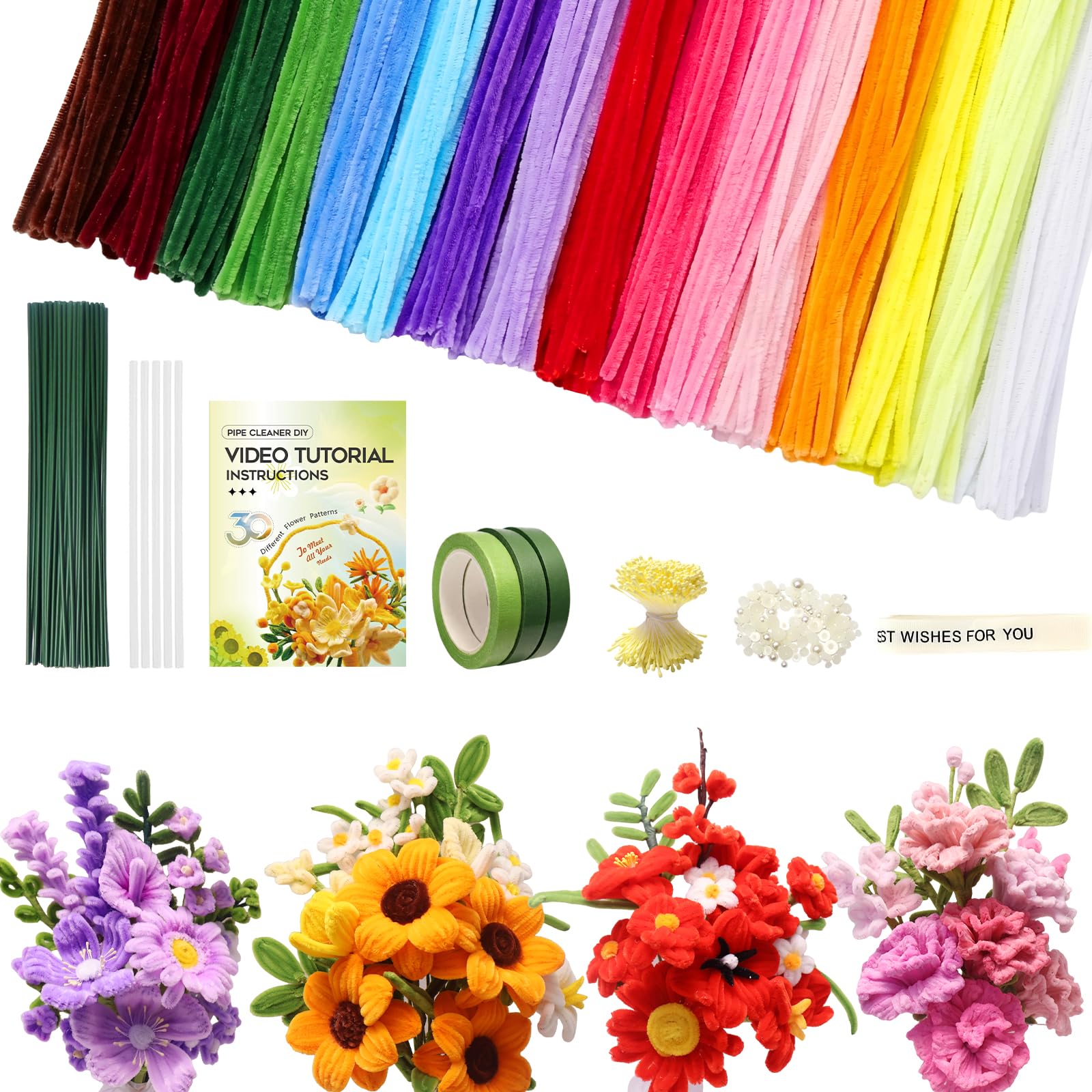 660 PCS Pipe Cleaner Flower Kit, 16 Colors Thick Chenille Stems Pipe Cleaner Bulk, Pipe Cleaners Craft Supplies with Viedo Instruction, Floral Wires