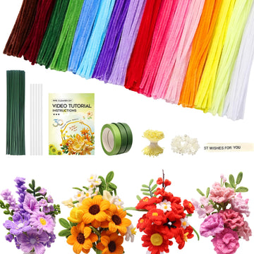 660 PCS Pipe Cleaner Flower Kit, 16 Colors Thick Chenille Stems Pipe Cleaner Bulk, Pipe Cleaners Craft Supplies with Viedo Instruction, Floral Wires