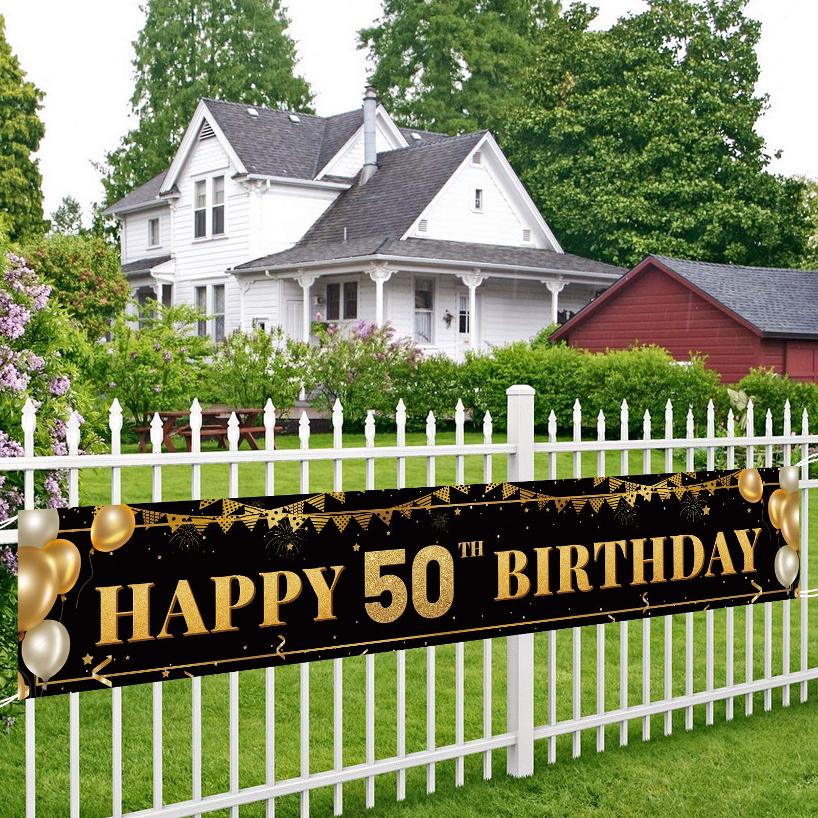 Large Happy 50th Birthday Decoration Banner, Black and Gold Happy 50th Birthday Banner Sign, 50th Birthday Party Decorations Supplies(9.8x1.6ft)