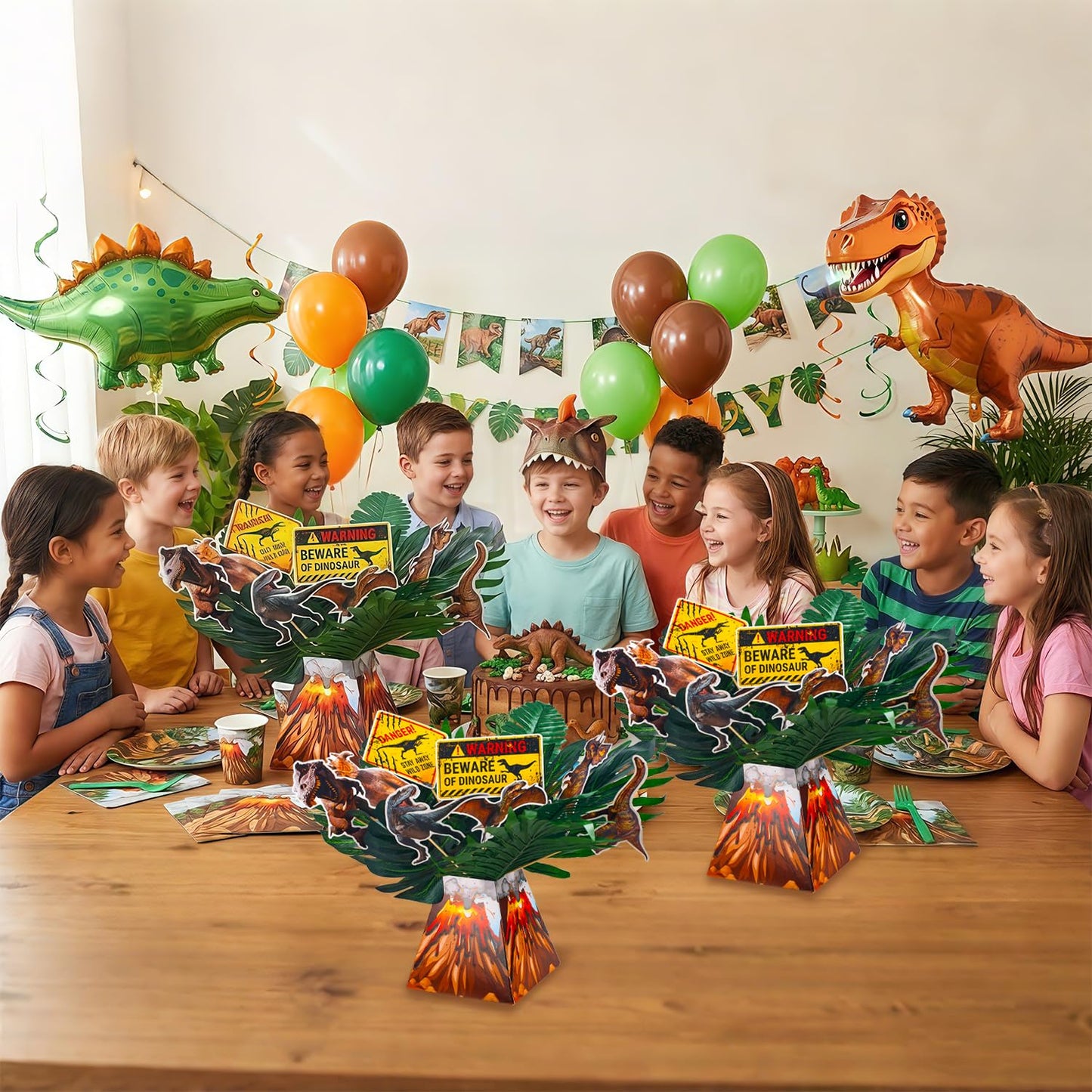 Dinosaur Party Table Centerpieces Decorations - 6 Sets Volcano Paper Bucket Centerpieces with Dinosaur Table Topper Sticks, Realistic Tropical Leaves