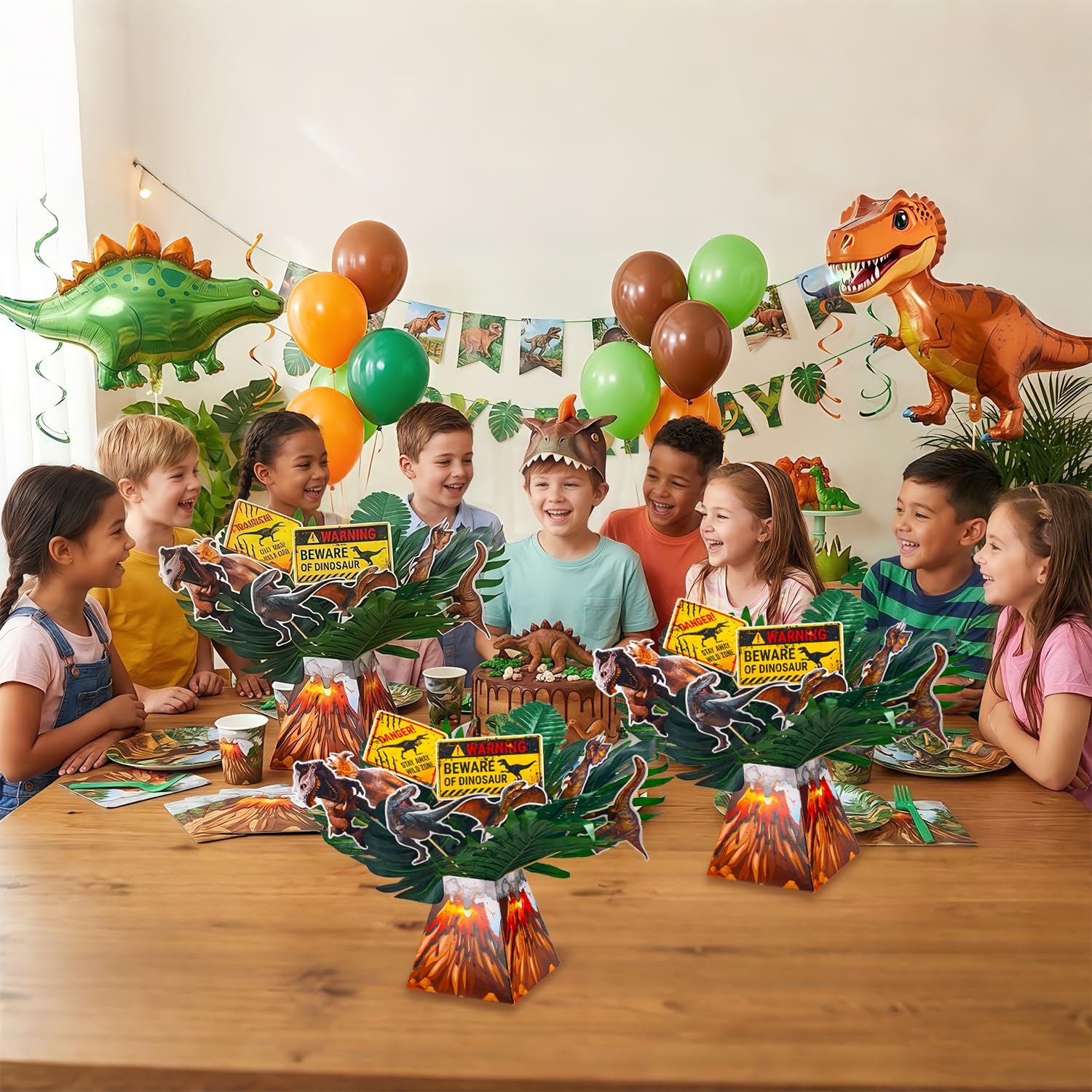 Dinosaur Party Table Centerpieces Decorations - 6 Sets Volcano Paper Bucket Centerpieces with Dinosaur Table Topper Sticks, Realistic Tropical Leaves