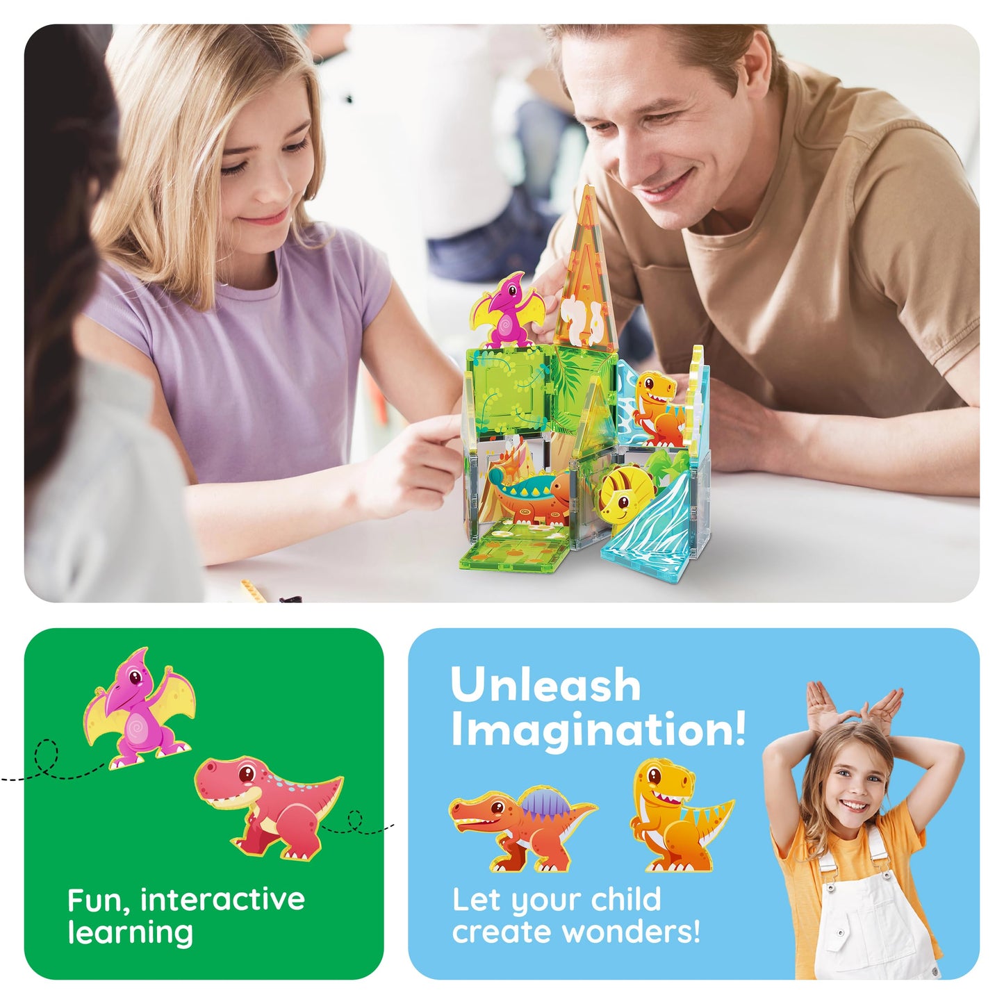 PicassoTiles Magnet Tile Building Blocks Dinosaur World Themed Playset with 8 Animal Character Action Figures Magnetic Tiles STEM Learning Pretend