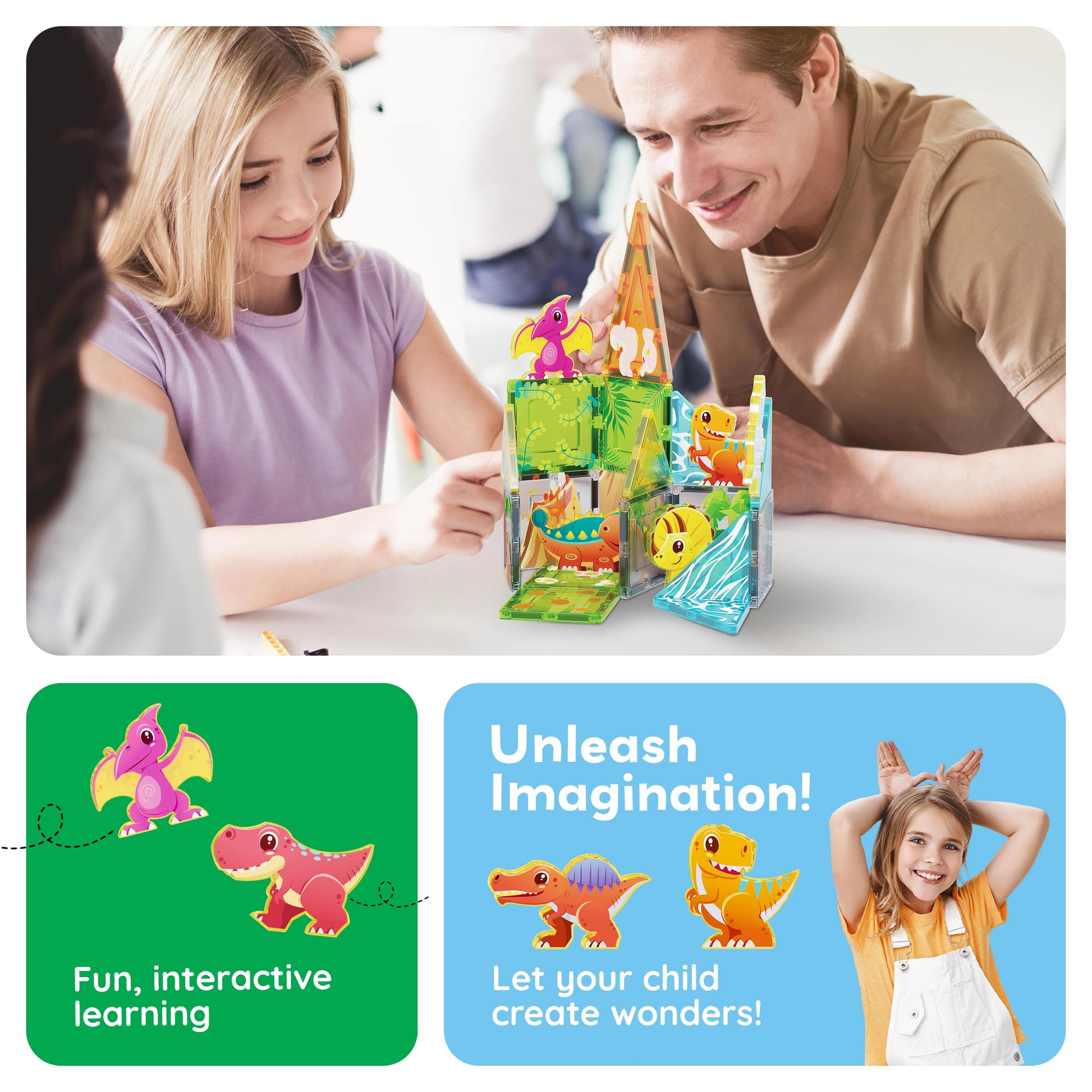 PicassoTiles Magnet Tile Building Blocks Dinosaur World Themed Playset with 8 Animal Character Action Figures Magnetic Tiles STEM Learning Pretend