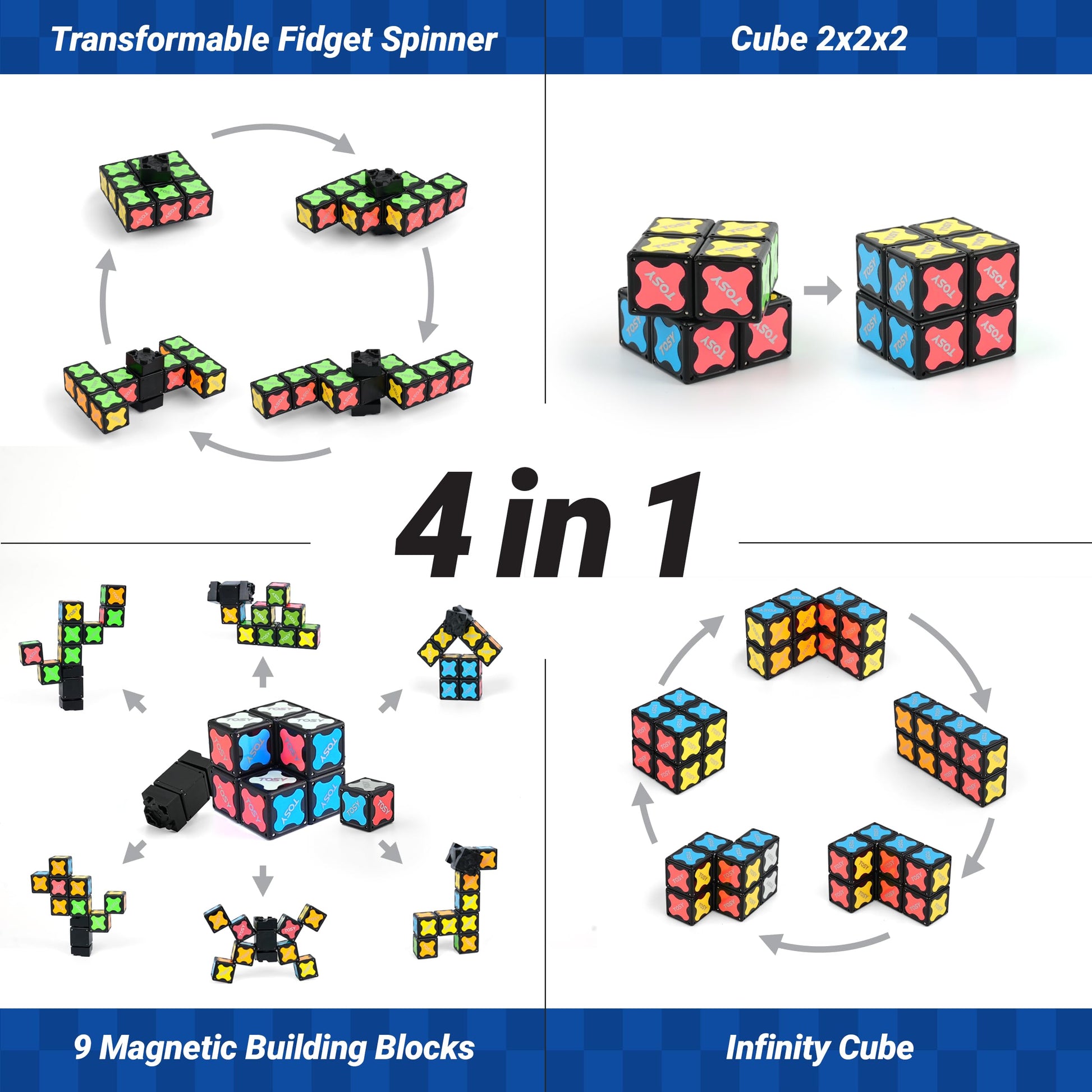 TOSY Magnet Fidget Spinner Mini - 8 Blocks, 3 in 1 Toy: Transformable Fidget Spinner, Infinity Cube, 2x2 Puzzle Cube, Easter Basket Stuffers