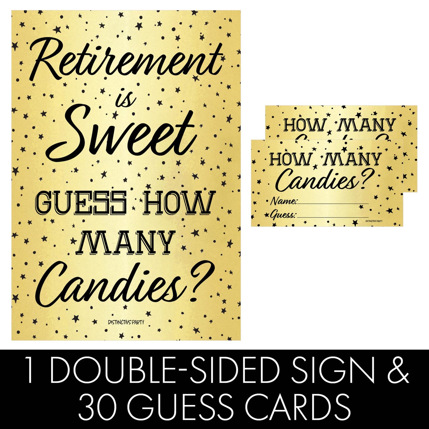 DISTINCTIVS Retirement Party Game - Guess How Many Candies in the Jar - Black and Gold Retirement Game with 5" x 7" Sign and 30 Guessing Cards