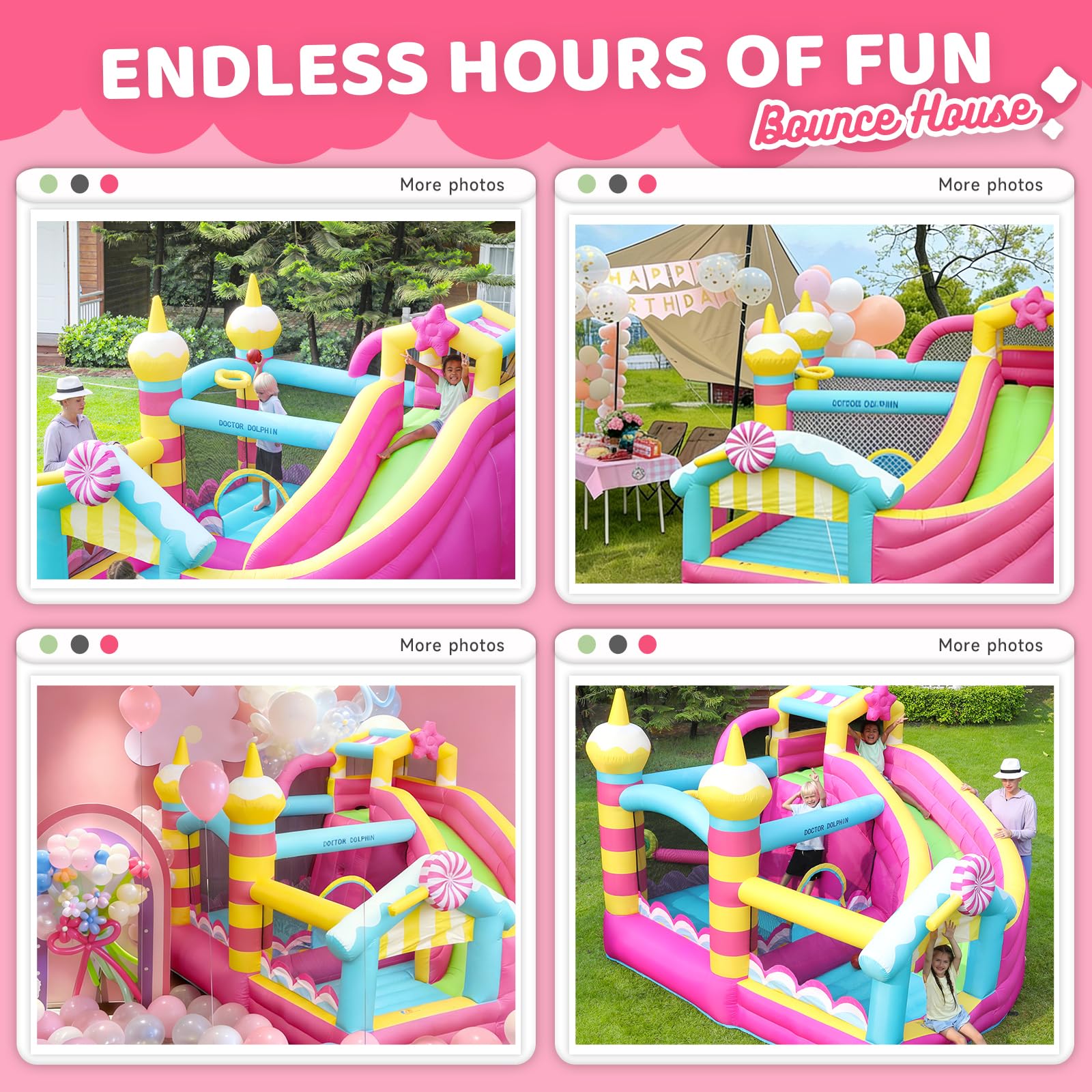 SunSports Bounce House for Kids, Inflatable Bouncy House, Indoor Toddler Bounce House, Pink Bounce House with Slide, Bouncy Castle for Backyard