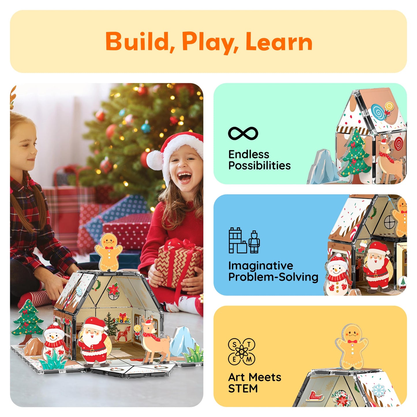 PicassoTiles Magnetic Tiles Gingerbread House Holiday Character Action Figures Santa, Snowman, Deer Winter Theme Construction Kit Magnet Building