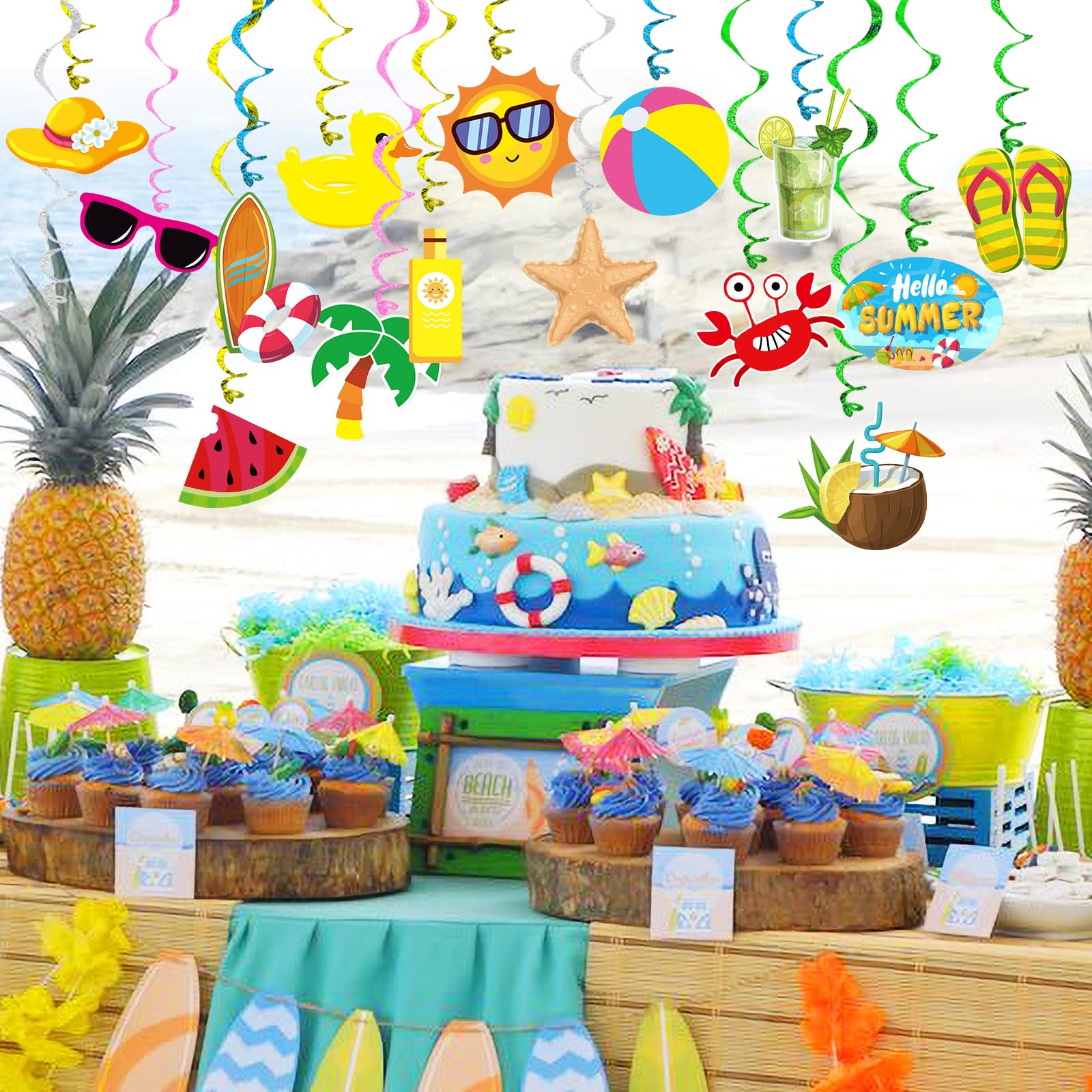 Summer Pool Beach Hanging Swirls Banner Decor 30 Pack Foil Ceiling Hanging Swirls Streams Banner Decorations Garland for Kids Luau Hawaii Celebrating