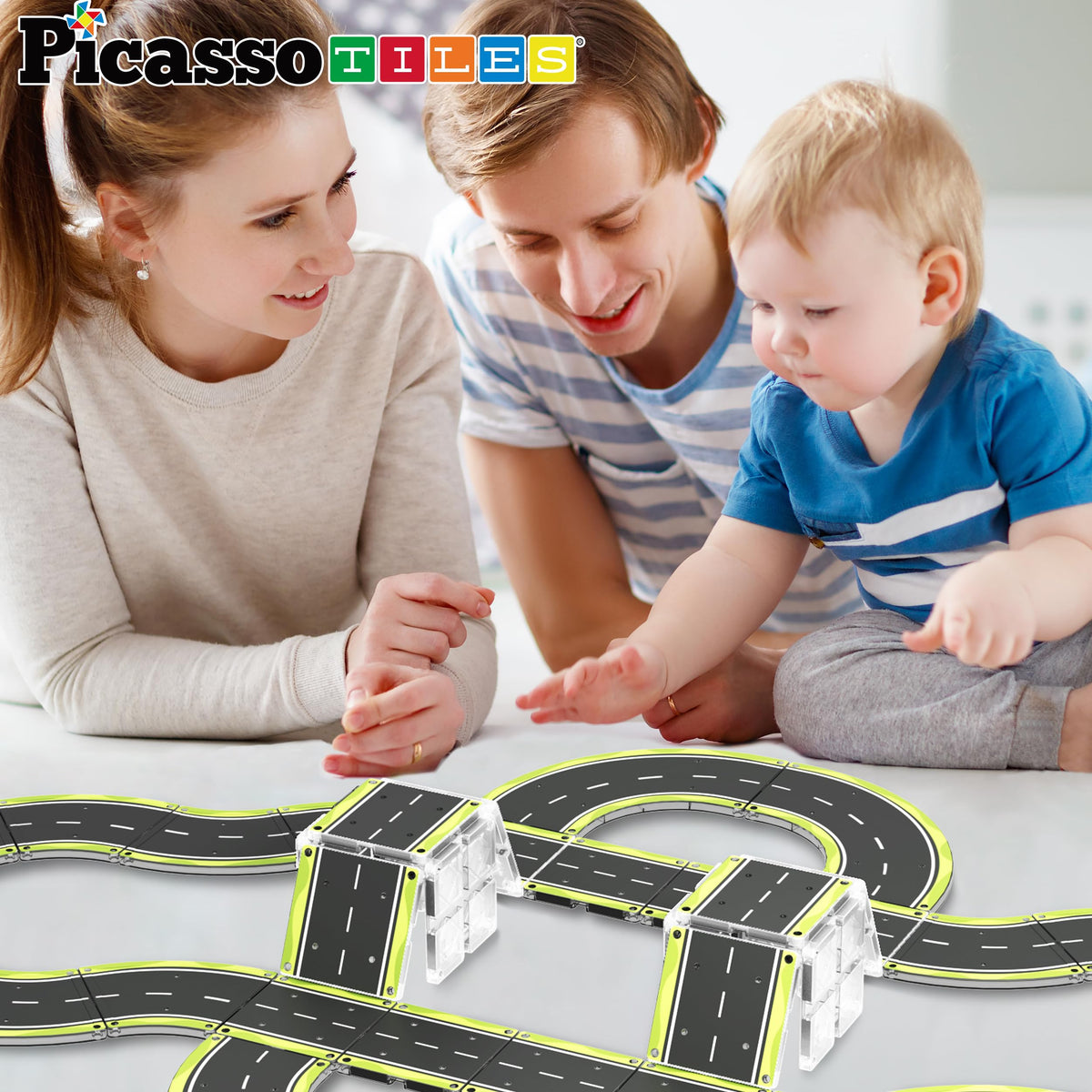 PicassoTiles Magnetic Building Tiles Car Track Magnet Vehicle Adventure Theme Printed Street Road Runway Speedway Highway Block Construction Expansion