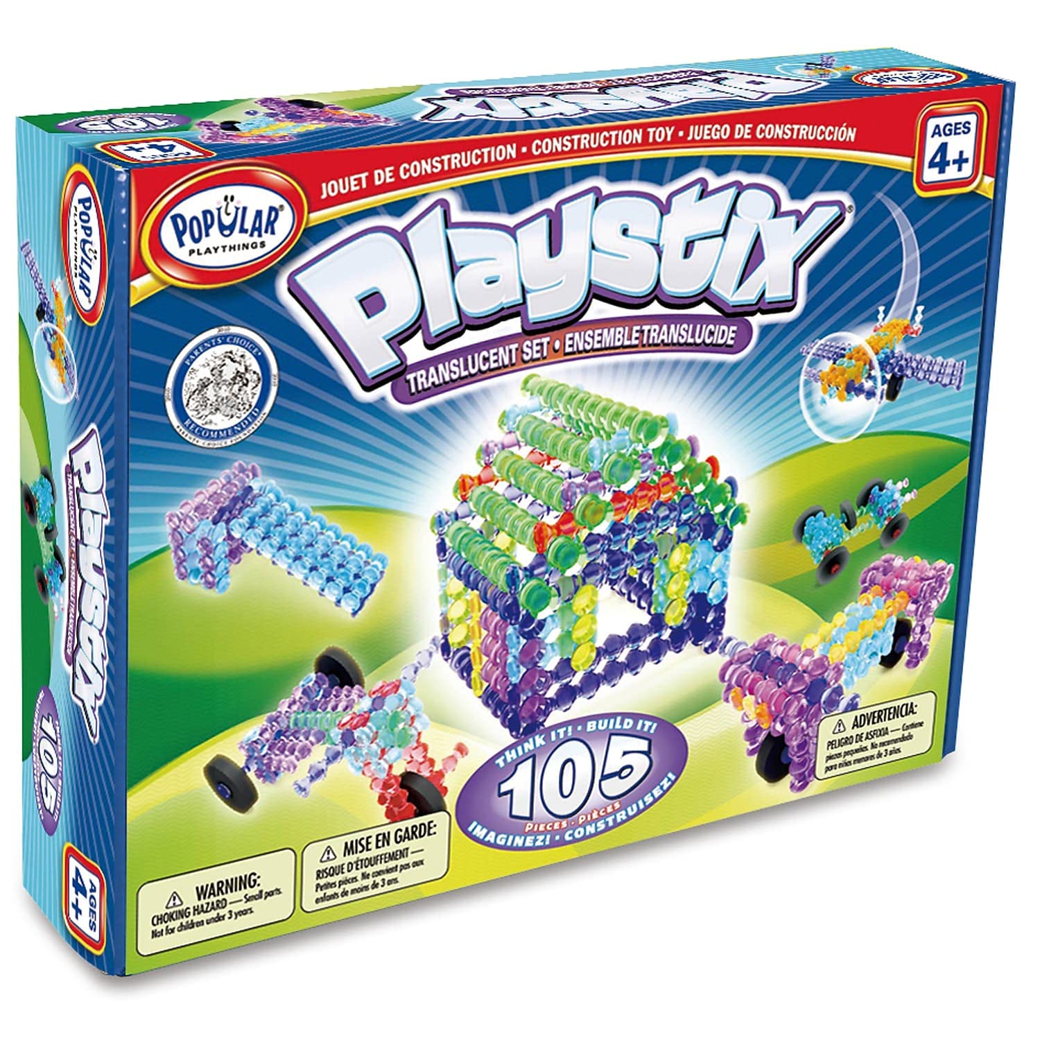 POPULAR PLAYTHINGS Playstix, Building Sticks Kit for Kids, Construction Stem Building Toy Gift for Boys & Girls - Translucent 105 Piece