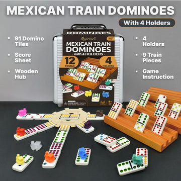 Mexican Train Dominoes Set with 4 Holders - Dominoes Double 12 with Wooden Hub and Tiles Holders - Double 12 Dominos Set for Family Game Night