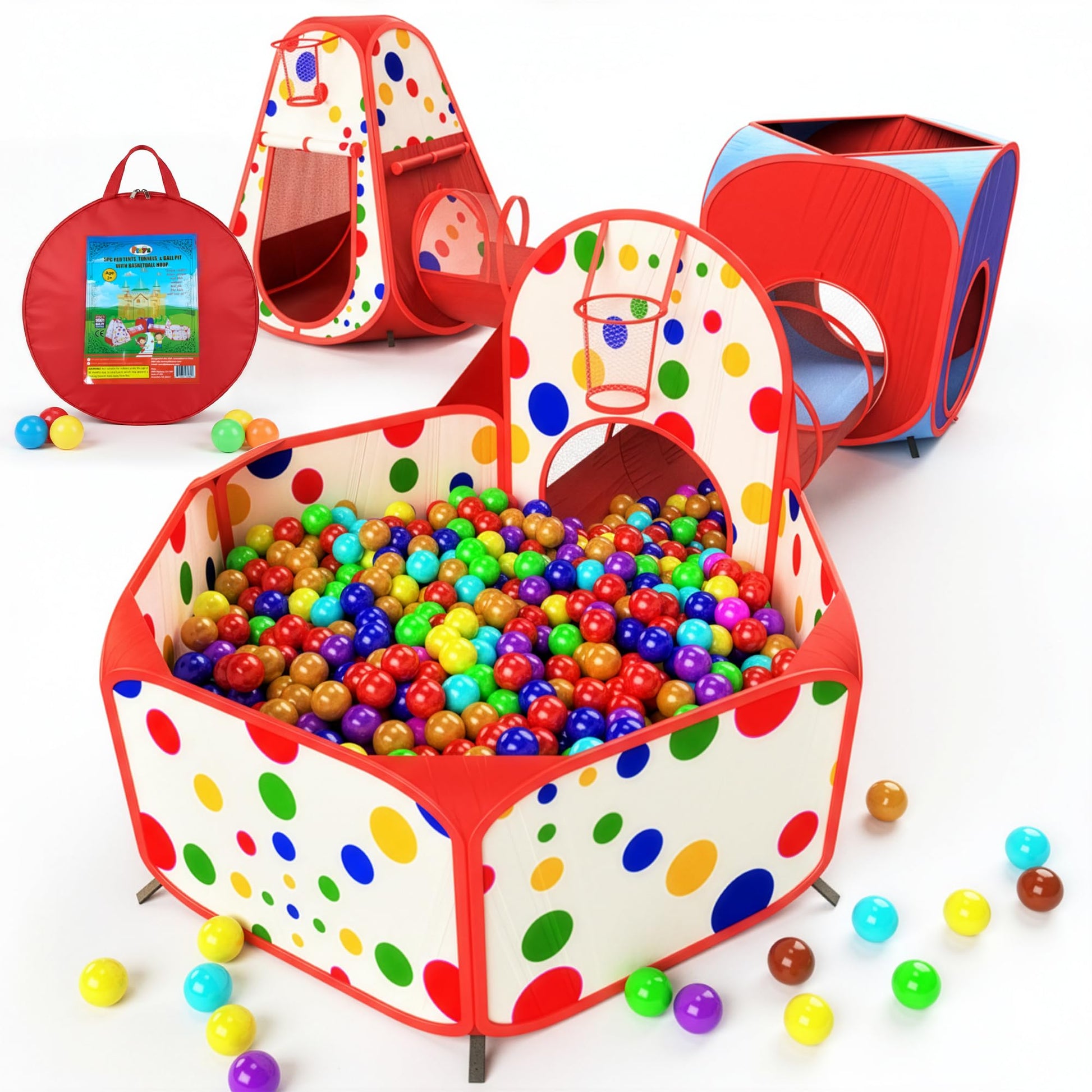 Playz 5pc Pop Up Play Tent and Crawl Through Tunnels for Kids w/Carry Bag