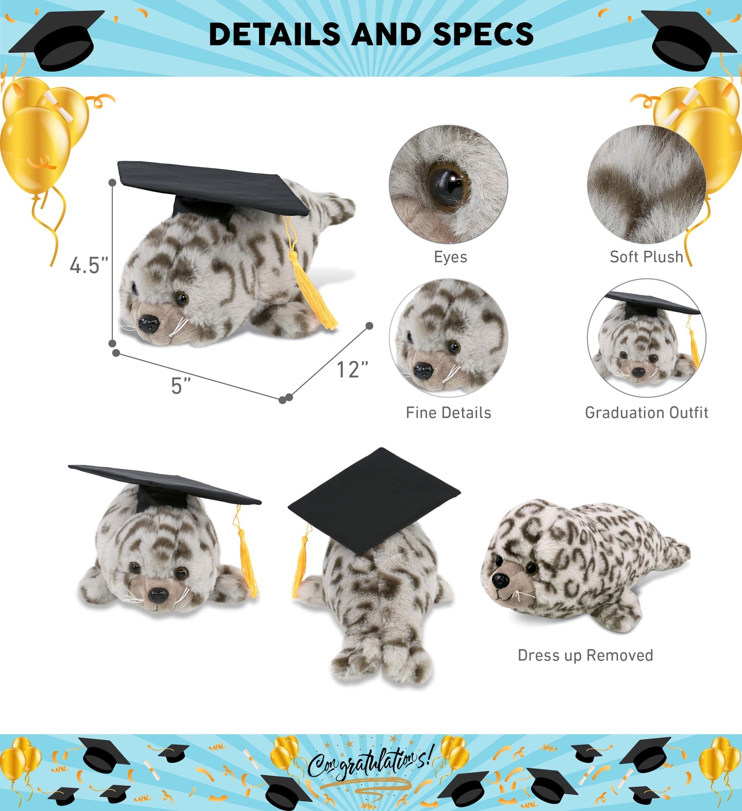 DolliBu Seal Graduation Plush Toy - Super Soft Seal Plush Graduation Stuffed Animal Dress Up with Gown & Cap with Tassel Outfit - Gift