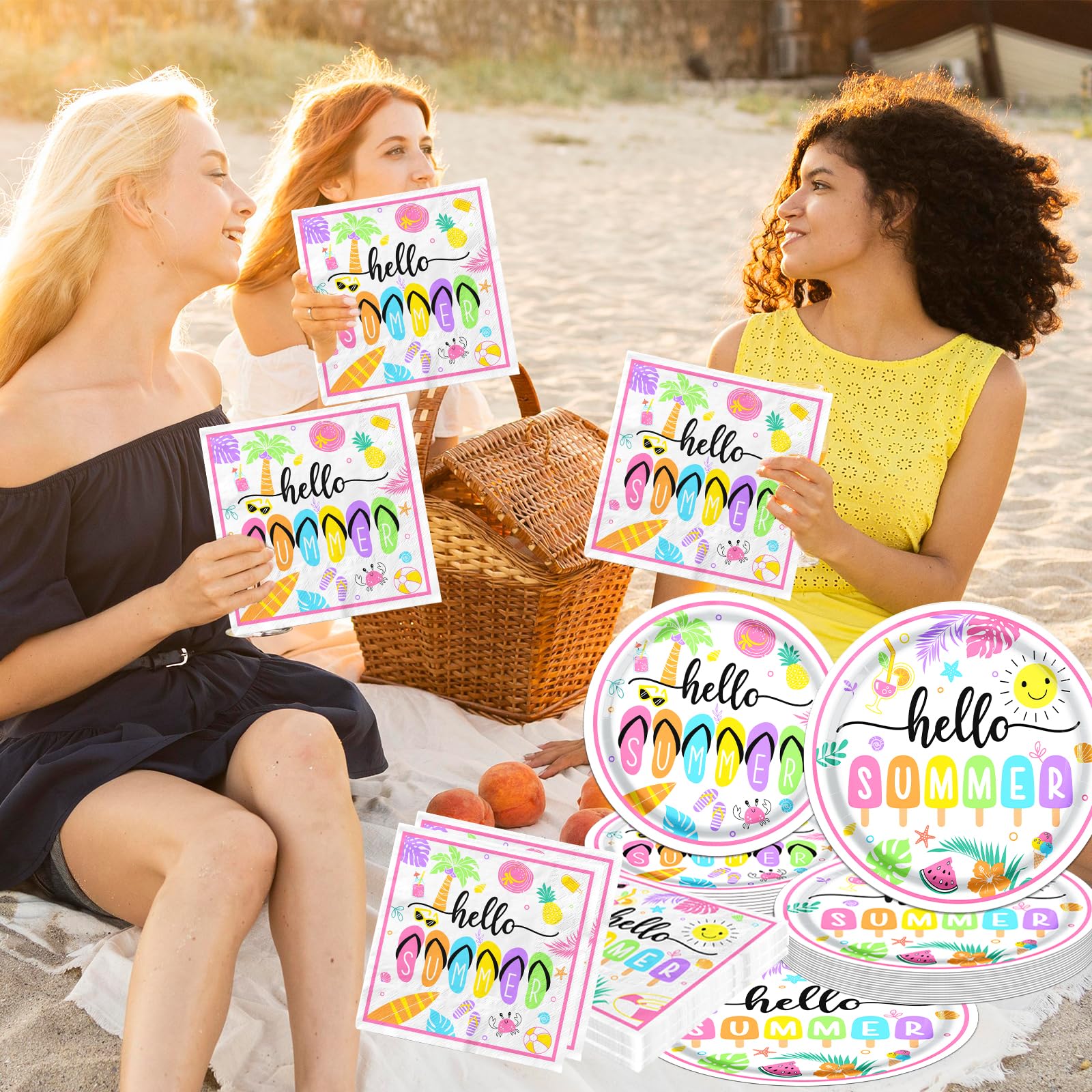 Hello Summer Party Decorations, Beach Party Supplies include Hello Summer Plates and Napkins, Disposable Dinnerware set for Hawaiian, Pool Party