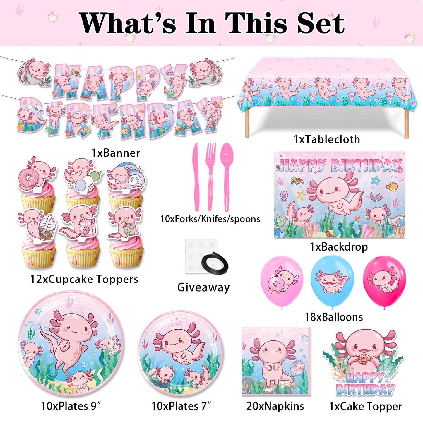 Axolotl Birthday Decorations?Axolotl Party Decorations?Axolotl Party Supplies Include Balloons,Backdrop,Banner, Cake Toppers?Tableware, Tablecloth