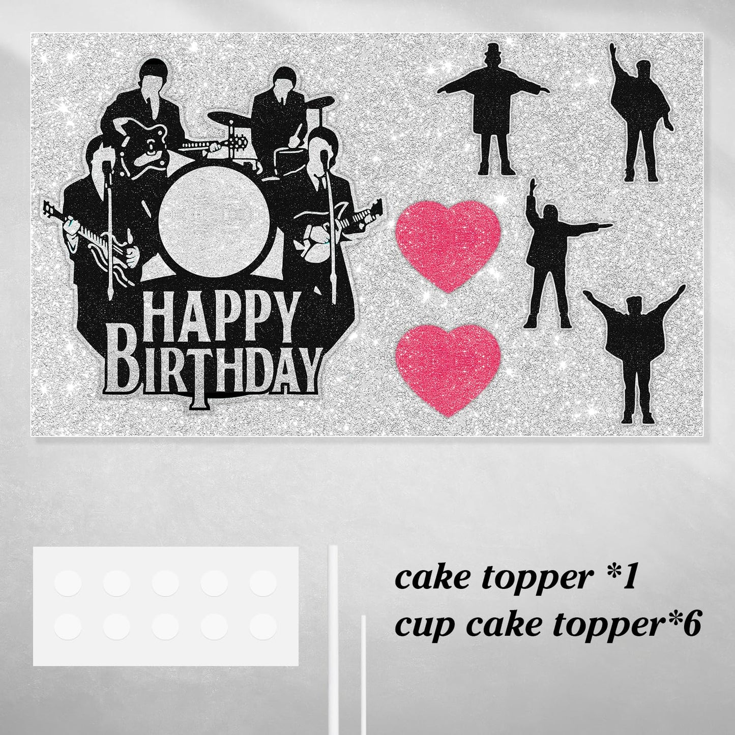 Rock Band Themed Happy Birthday Cake Toppers 7-Piece Set - 80s rock music themed party, birthday party, concert party decorations that both boys