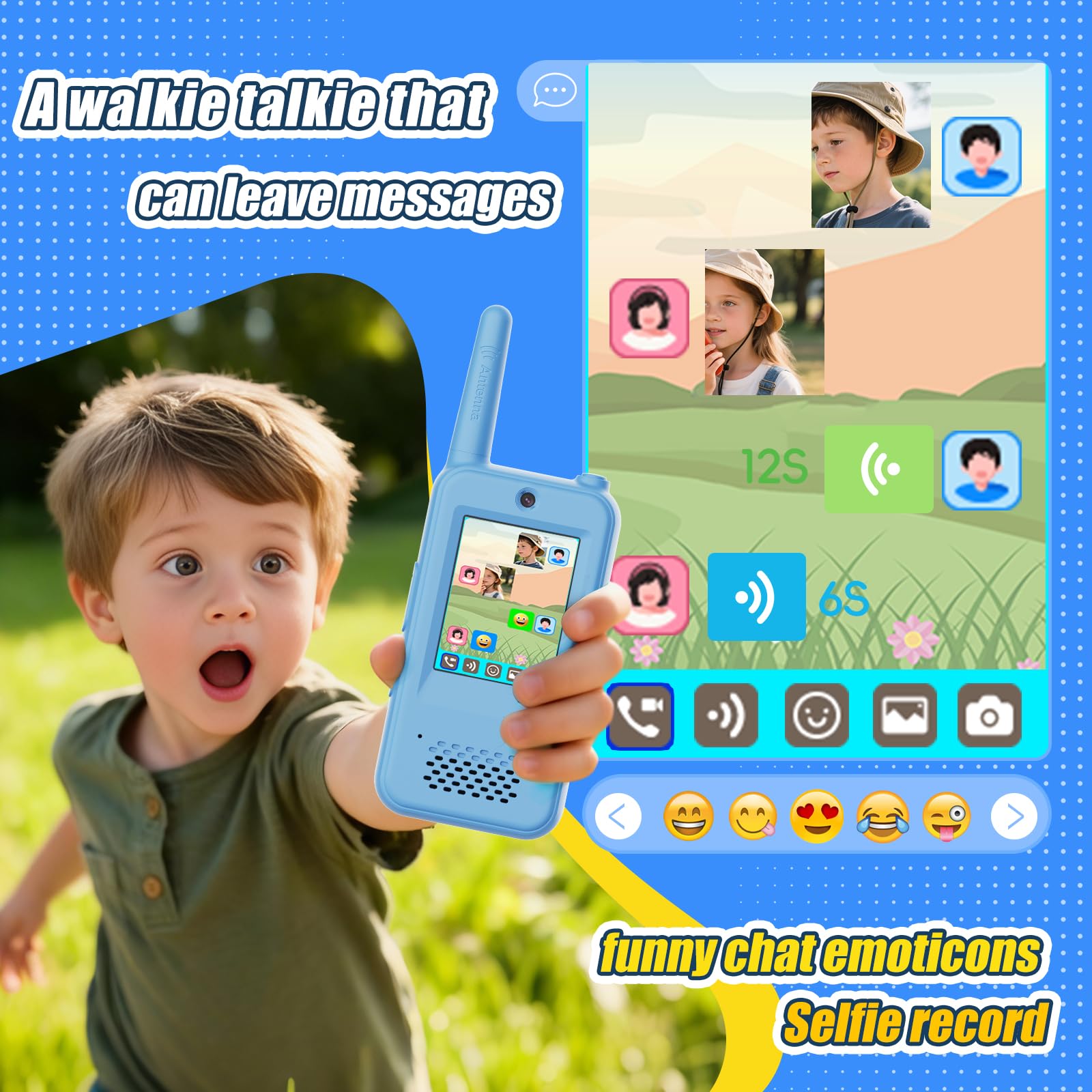 Video Walkie Talkies for Kids with 6 Voice Effects, Support Send Voice, Pictures, Emojis, and Selfies, Christmas Birthday Gifts for Kids Indoor