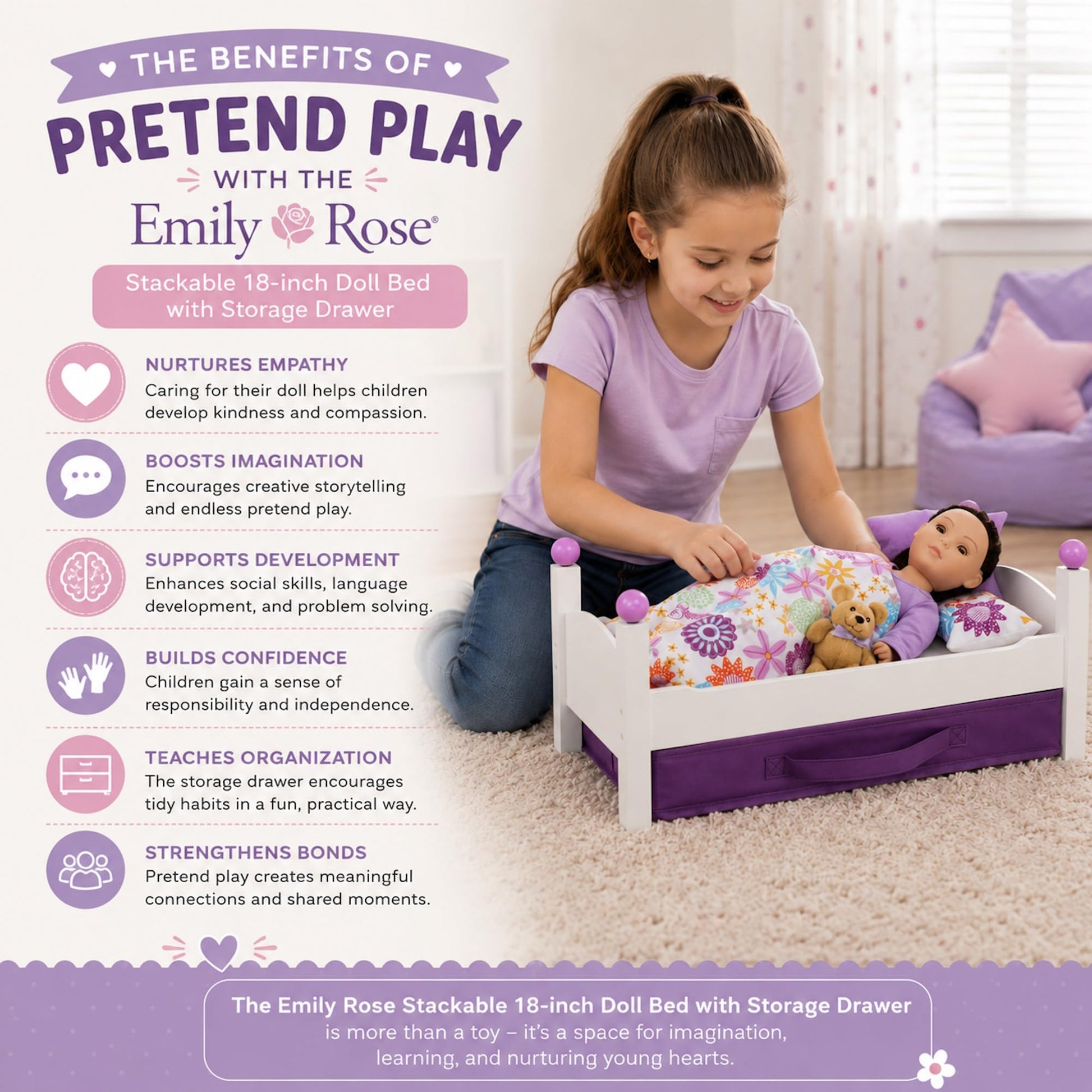 Emily Rose 18 Inch White Stackable Doll Bed with 4PC Bedding & Storage Bin
