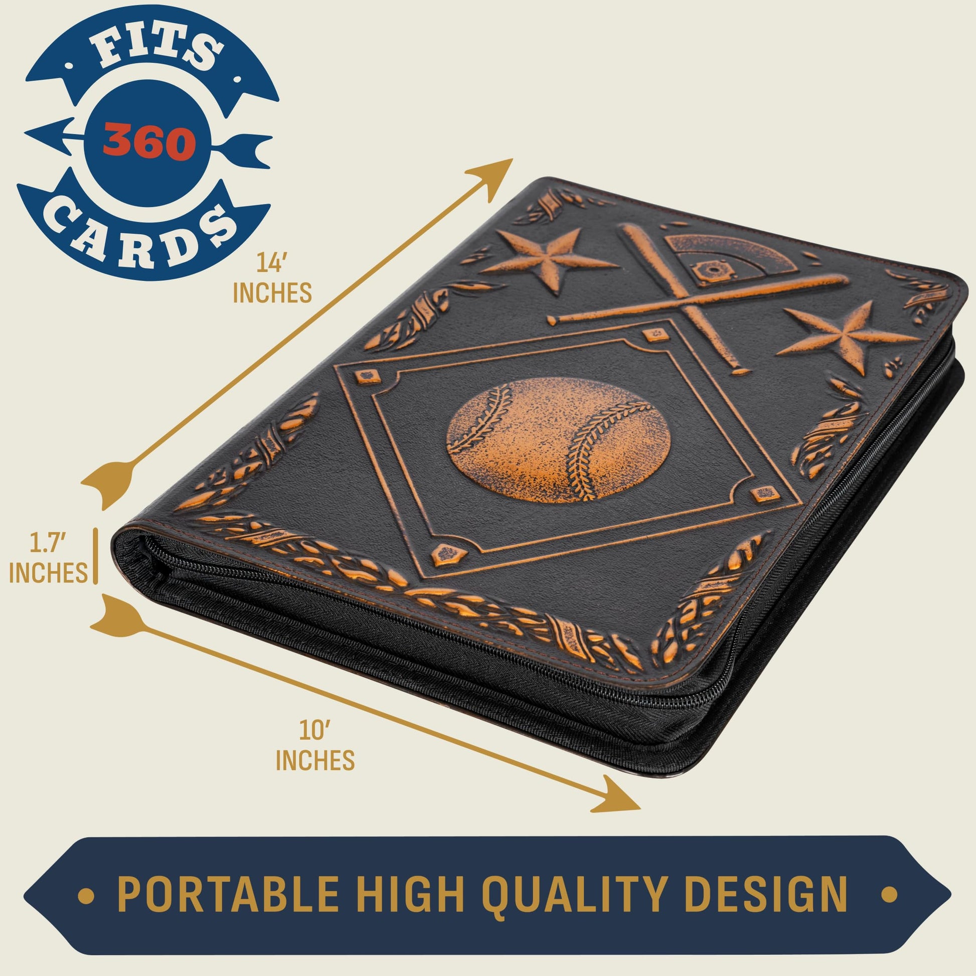 Baseball Card Binder - Stunning 3D Raised & Hand Colorwashed PU Leather Binder - 9 Pocket Album w Zipper - 360 Side Loading Sleeves Book for Baseball