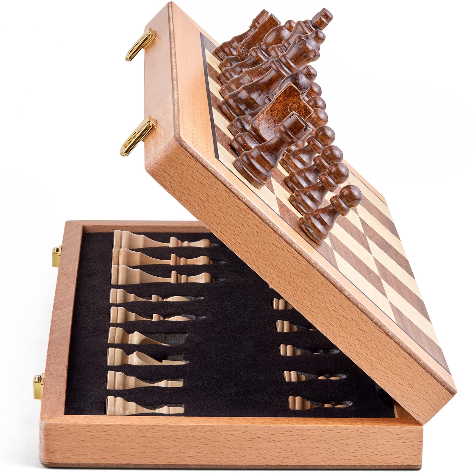 AMEROUS Magnetic Wooden Chess Set, 15 Inches Handmade Wooden Folding Travel Chess Board Game Sets with Chessmen Storage Slots for Kids and Adults, 2