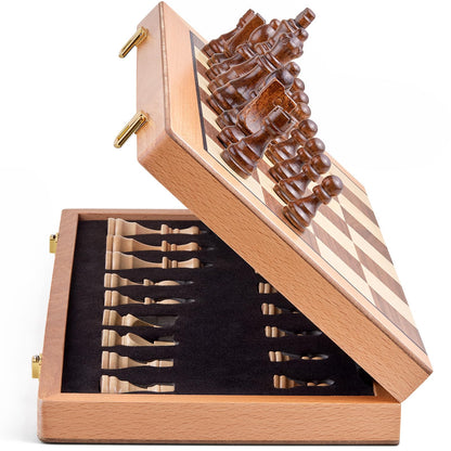 AMEROUS Magnetic Wooden Chess Set, 15 Inches Handmade Wooden Folding Travel Chess Board Game Sets with Chessmen Storage Slots for Kids and Adults, 2