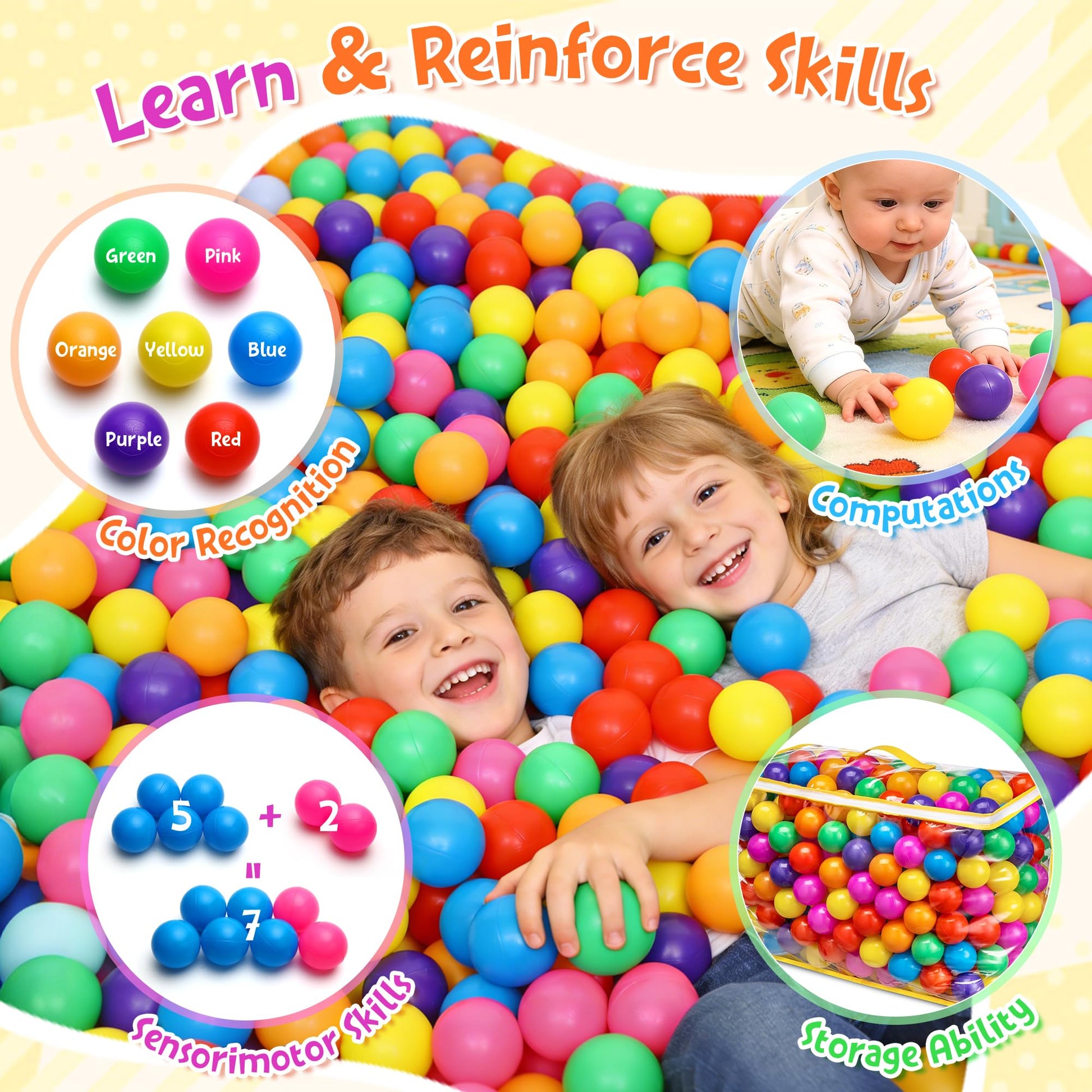 Hovenlay Ball Pit Balls Phthalate Free BPA Free Crush Proof Plastic - 7 Bright Colors in Reusable Play Toys for Kids with Storage Bag