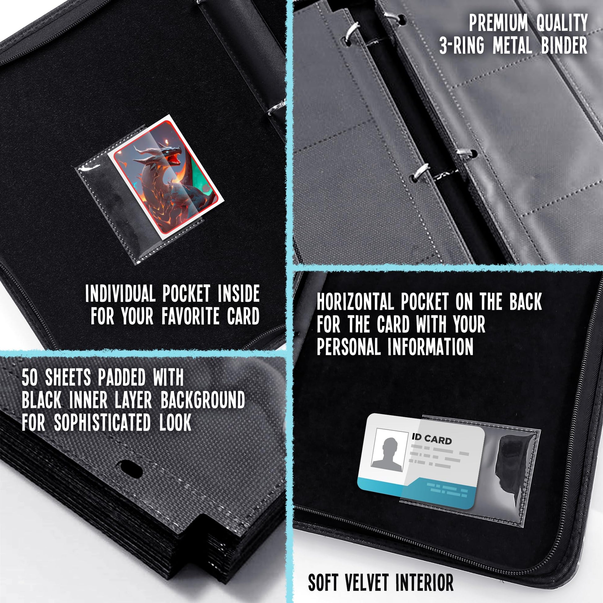 Trading Card Binder 9-Pocket - Display Pocket & ID Slot, Holds 900 Cards, Zippered 3-Ring Card Album with 50 Removable Sleeves for TCG/Sports Cards +