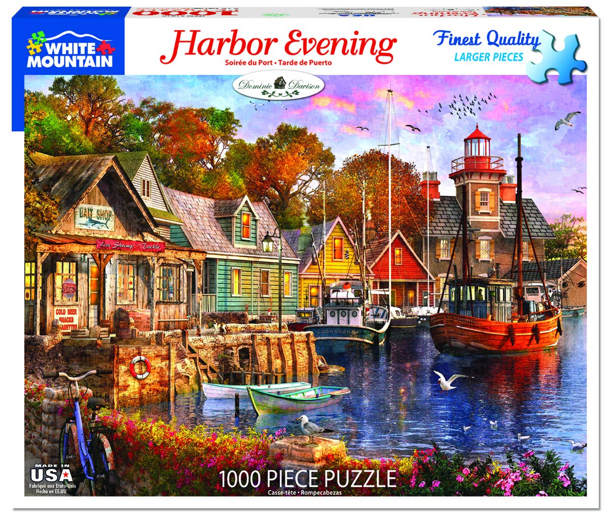White Mountain 1000 Piece Jigsaw Puzzle Lighthouse Boats Waterside Puzzles with Large Pieces for Adults and Family 24"x30" - Harbor Evening