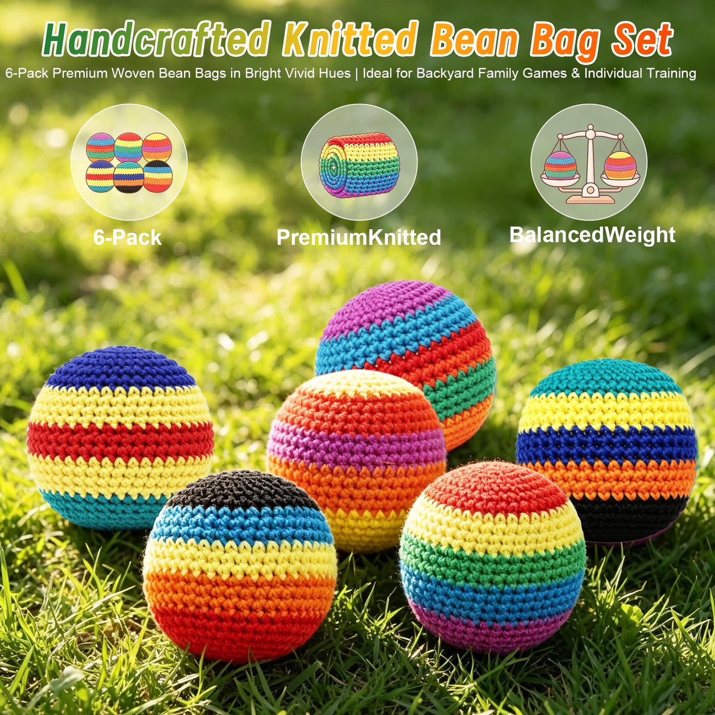 6 Pack Crocheted Footbags Handmade Knitted Balls for Tossing & Kicking Adults and Beginners Vibrant Sports Design for Indoor & Outdoor Play, Party