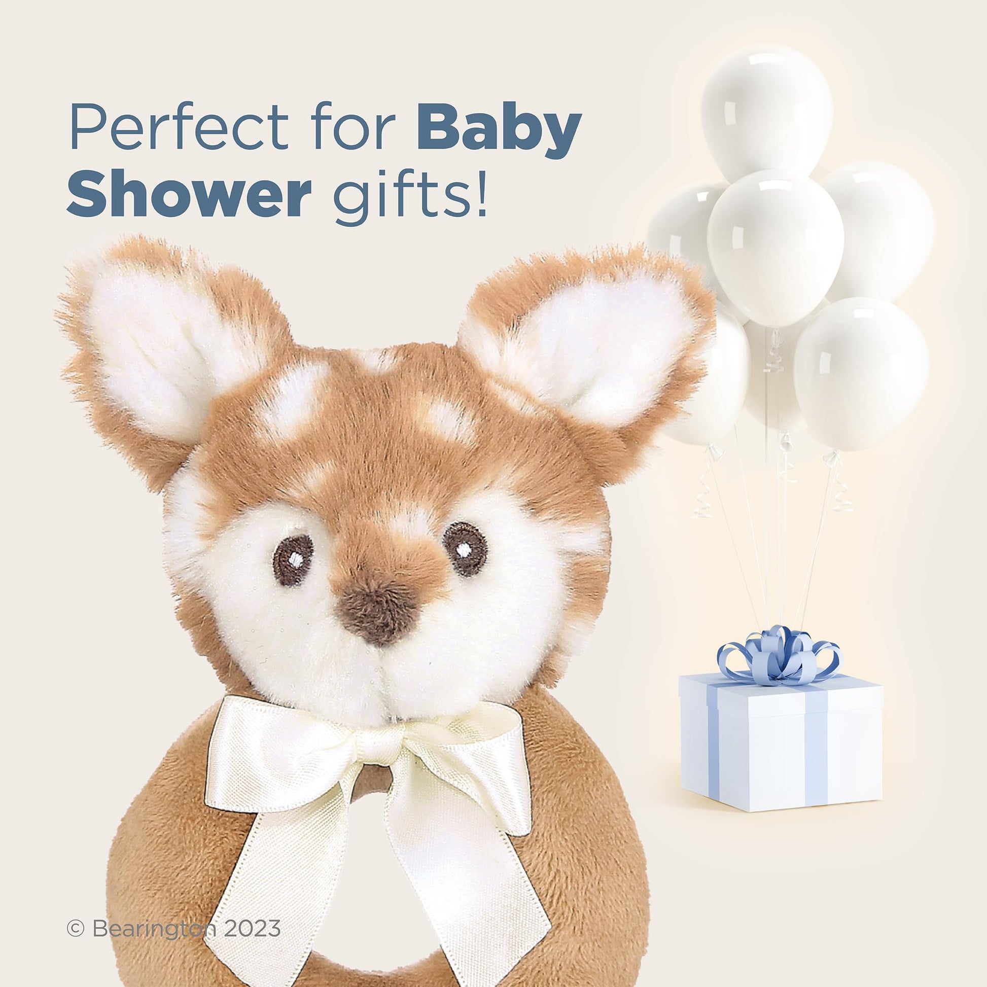 Bearington Collection Baby Lil’ Willow, 5.5 Inch Fawn Plush Stuffed Animal, Soft Baby Rattles and Plush Rings - Toys for Babies