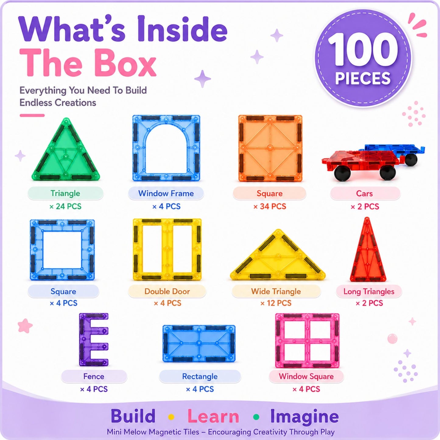 Mini Melow 100 Pcs Magnetic Tiles for Kids - 3D Magnet Tiles Building Toys with 2 Cars, Durable & Non Toxic Magnetic Building Blocks, STEM Toys