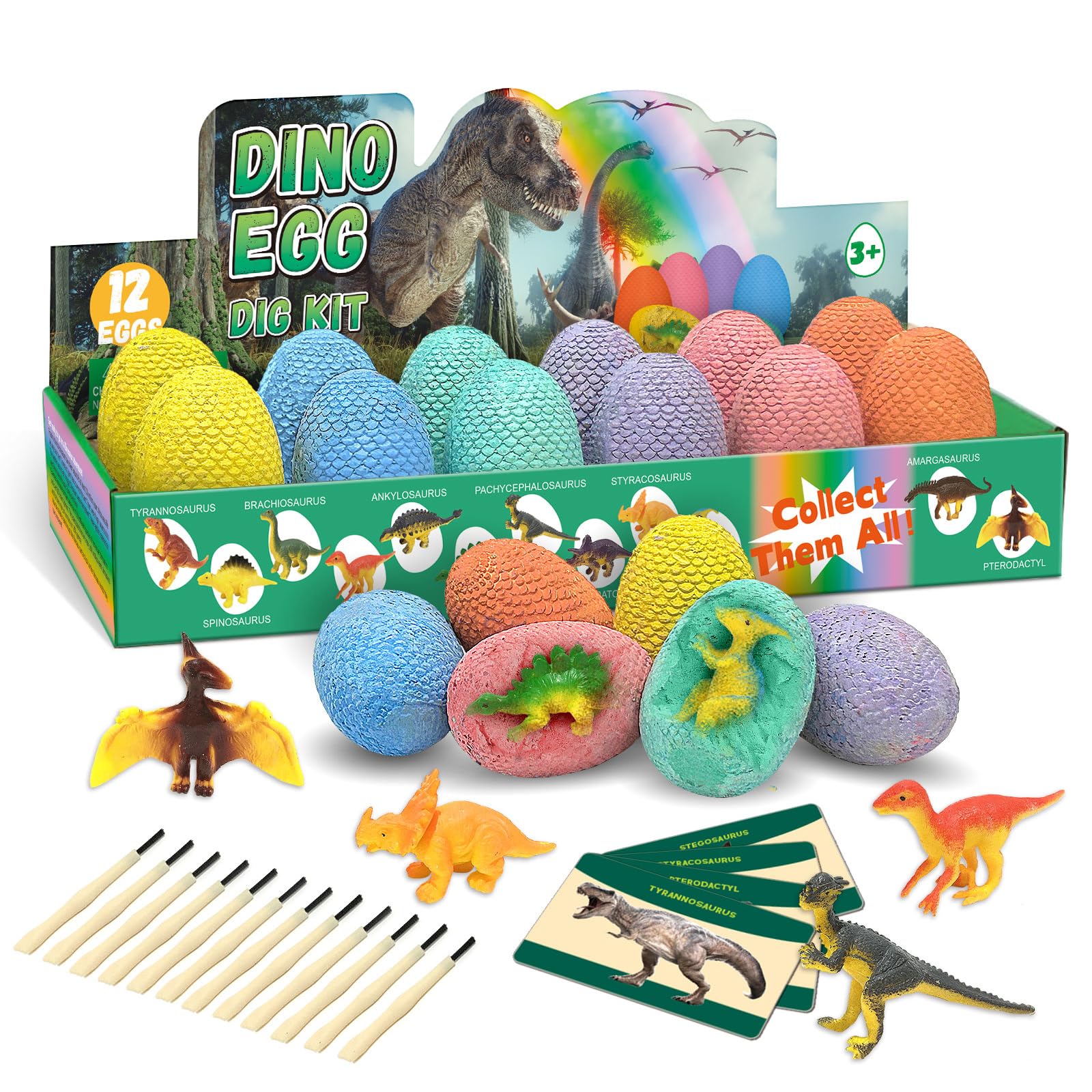12 Pack Easter Dino Egg Dig Kit for Kids - Dinosaur Egg Excavation Toy with 12 Unique Dinosaurs Eggs Tools & Learning Cards STEM Archaeology Science