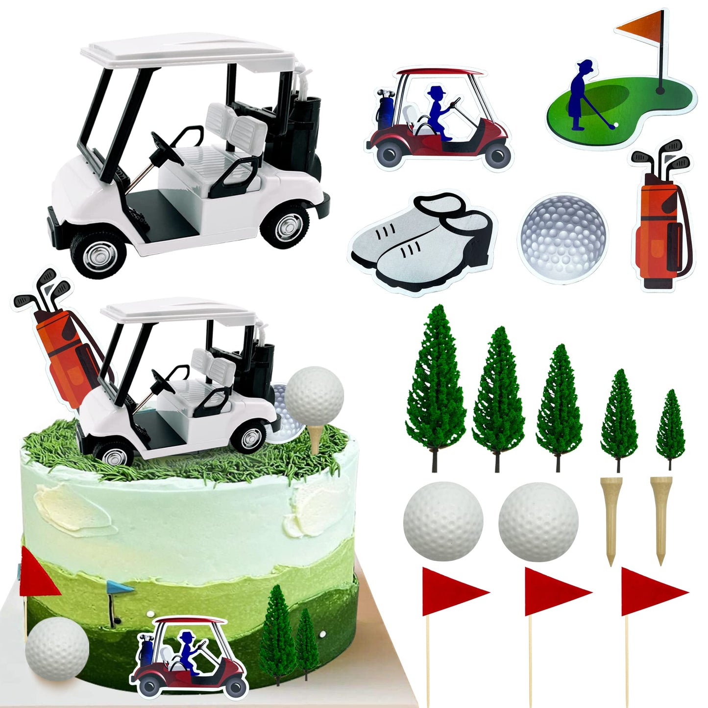 2026 New Golf Cake Decorations Cart Toppers Heading for The Green Topper for Golfers With Cart Flag Ball Theme Party Supplies