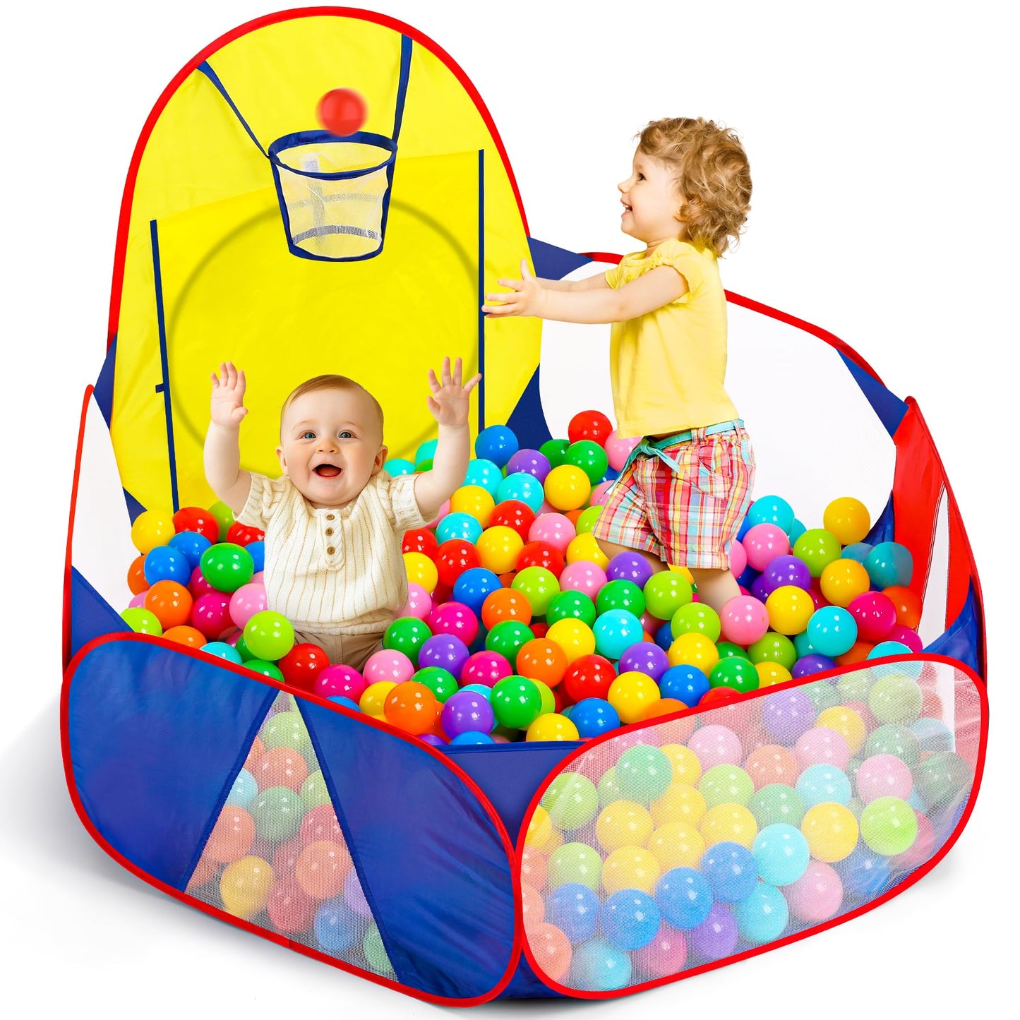 Eocolz Kids Ball Pit Large Pop Up Childrens Ball Pits Tent for Toddlers Playhouse Baby Crawl Playpen with Basketball Hoop and Zipper Storage Bag, 4