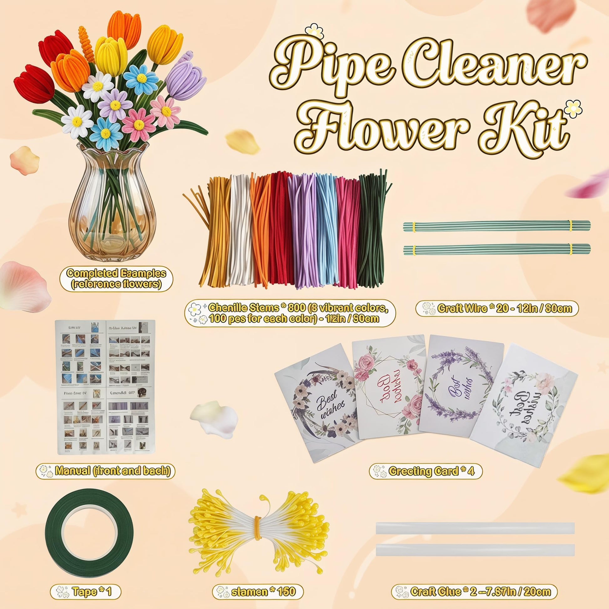 800PCS Pipe Cleaner Flower Kit, 8 Colors Thick Chenille Stems for Arts DIY Craft Supplies with Greeting Card, Floral Wires, Tape, Stamen, Includes