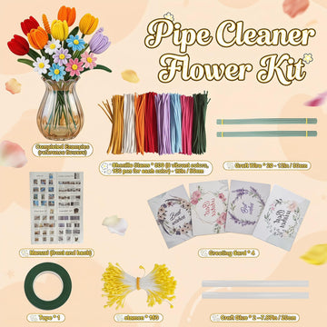 800PCS Pipe Cleaner Flower Kit, 8 Colors Thick Chenille Stems for Arts DIY Craft Supplies with Greeting Card, Floral Wires, Tape, Stamen, Includes