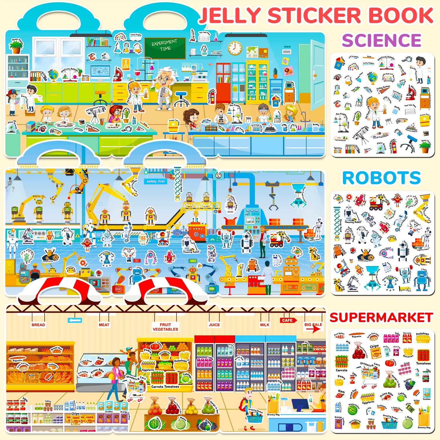 CREATIVETREES 6 Sets Reusable Sticker Book for Toddlers 1-3, Jelly Stickers Book for Kids 2-4, Travel Sticker Activity Toys for Childs 3 4 5 6 Years