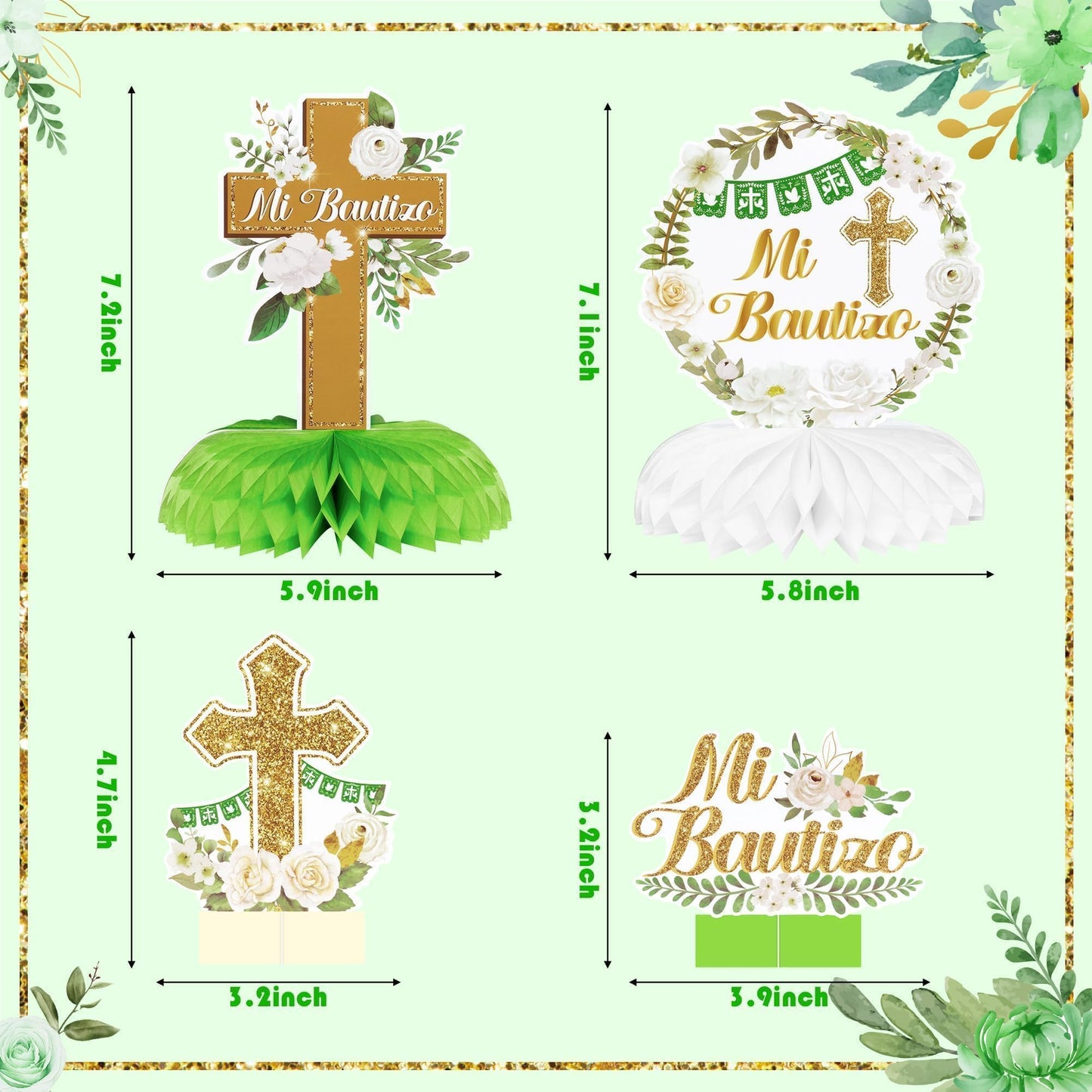 FFyhiinski Floral Honeycomb Table Centerpieces for Mi Bautizo Party- 12 Cross Green Baptism Table Toppers Decorations for First Confirmation